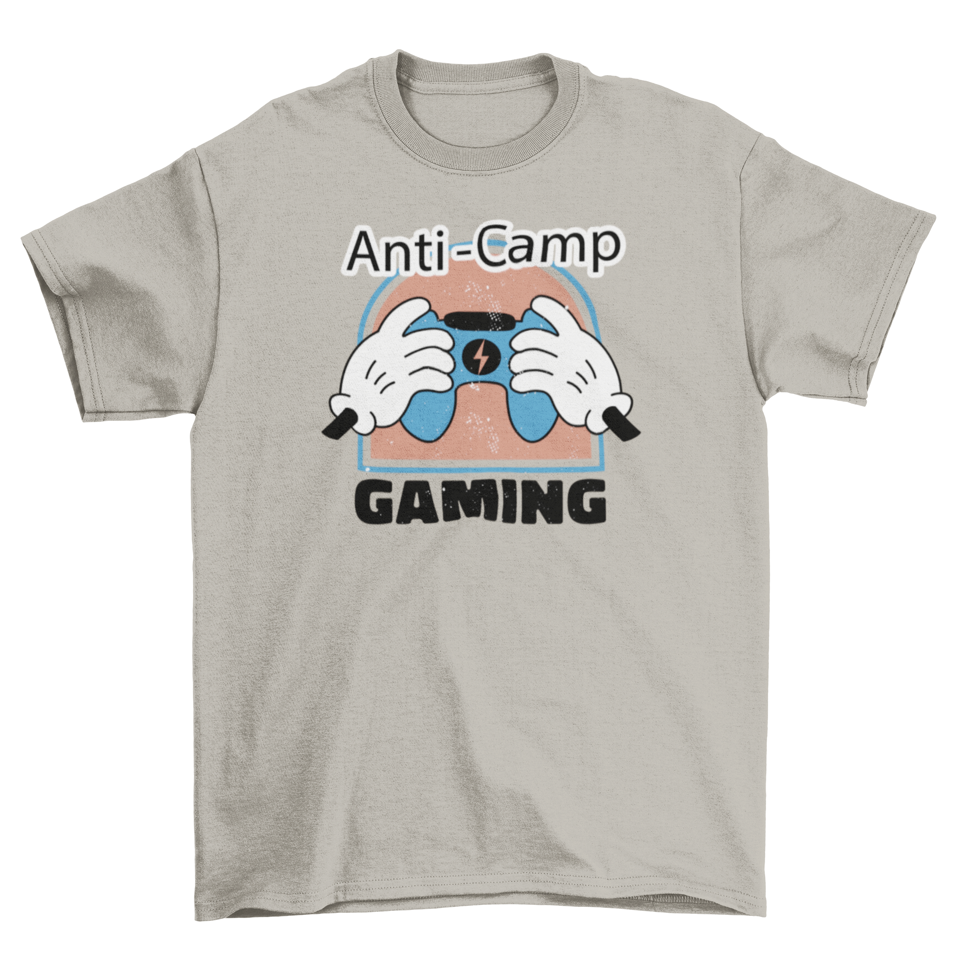 A vibrant t-shirt design featuring retro cartoon hands holding a gaming controller with the quote 'Anti-camp gaming'.