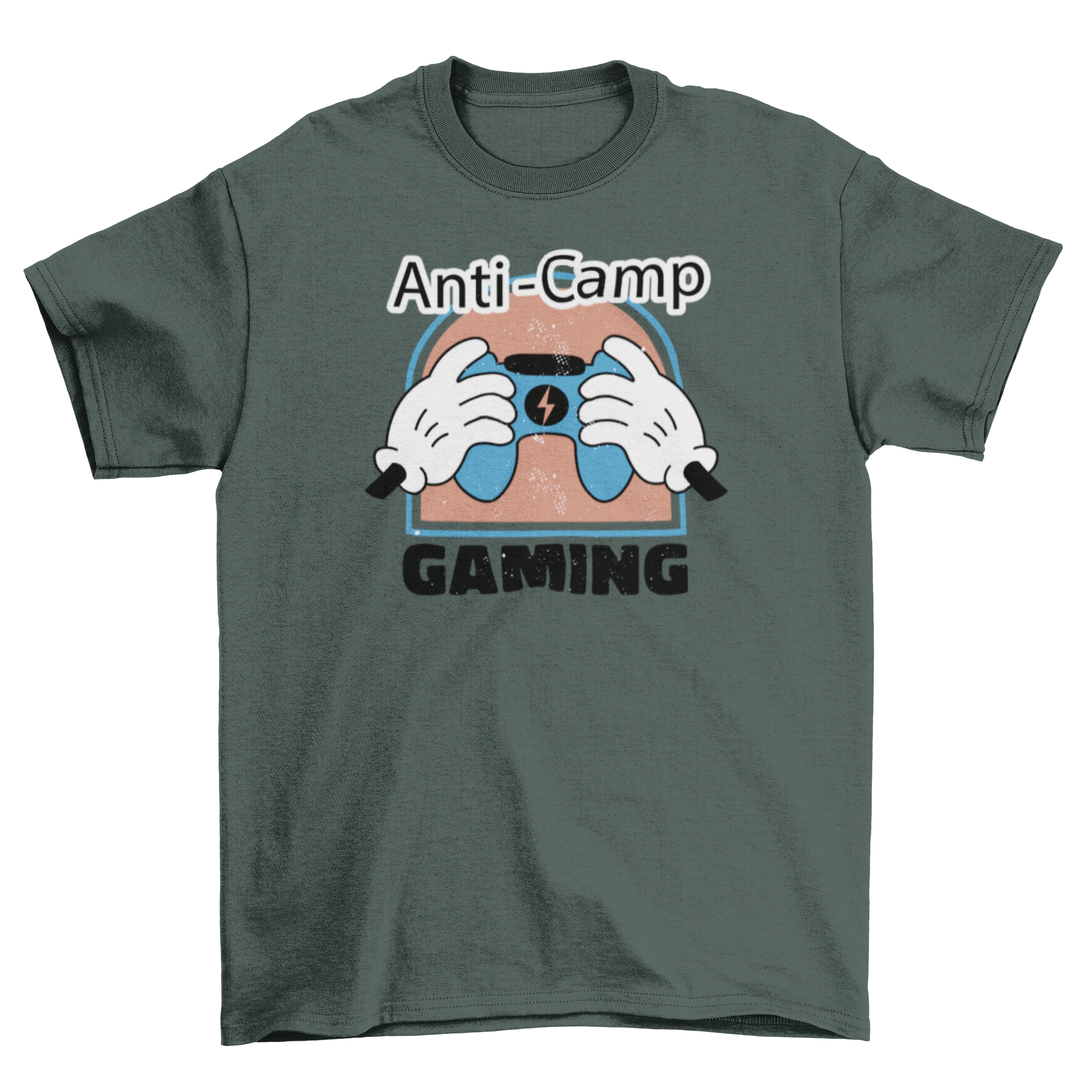 A vibrant t-shirt design featuring retro cartoon hands holding a gaming controller with the quote 'Anti-camp gaming'.