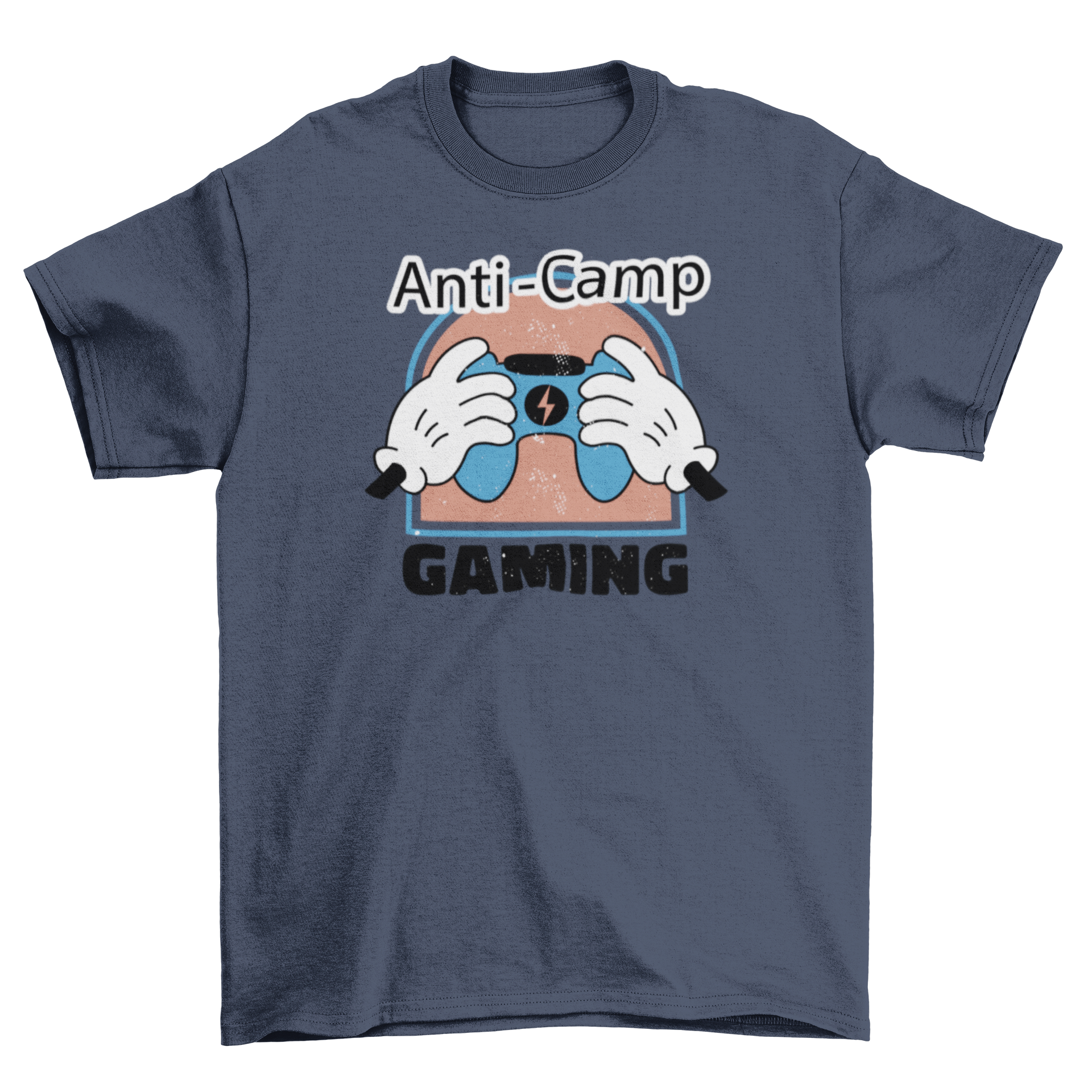 A vibrant t-shirt design featuring retro cartoon hands holding a gaming controller with the quote 'Anti-camp gaming'.