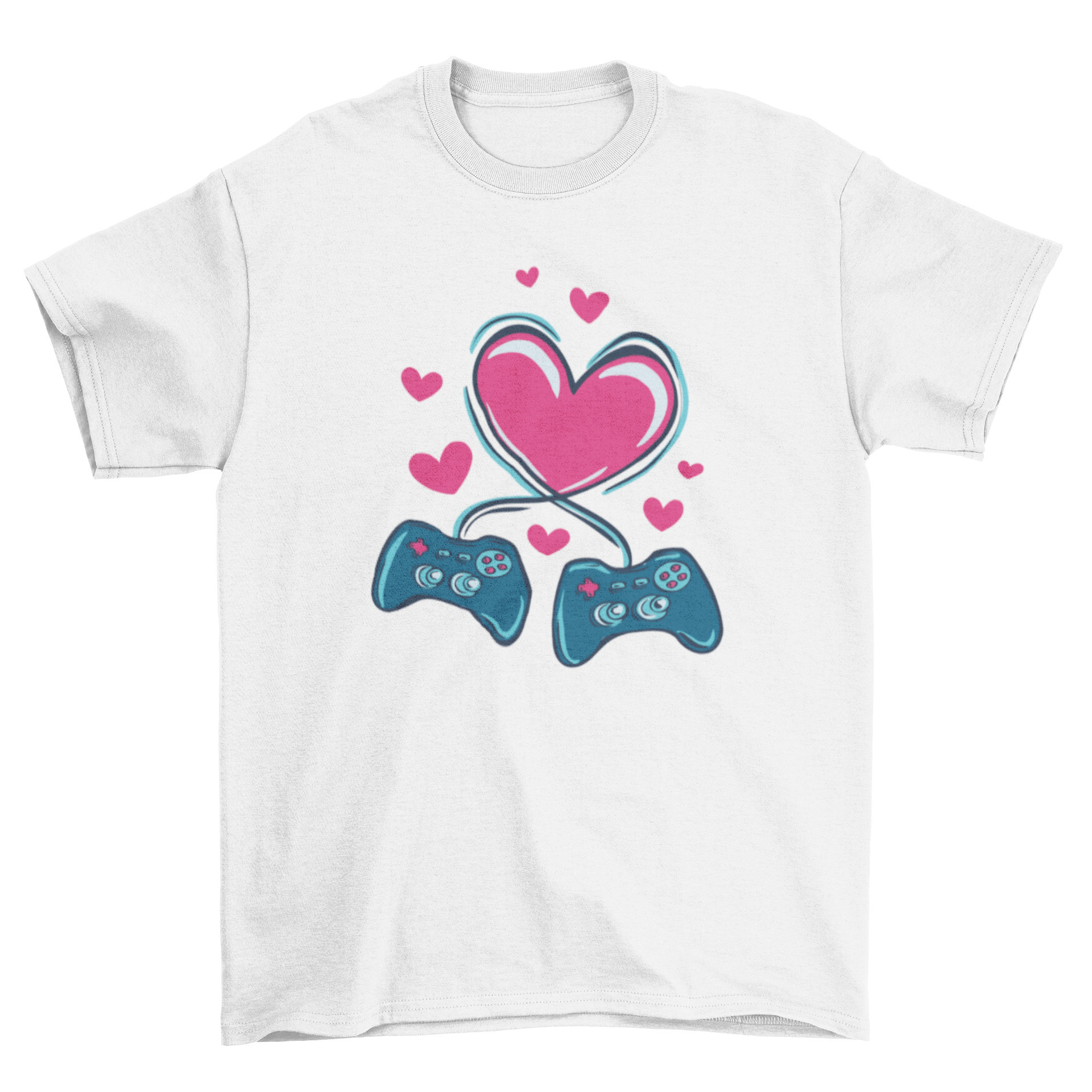 Gaming Love T-shirt featuring two joysticks and a heart design, perfect for gamers.