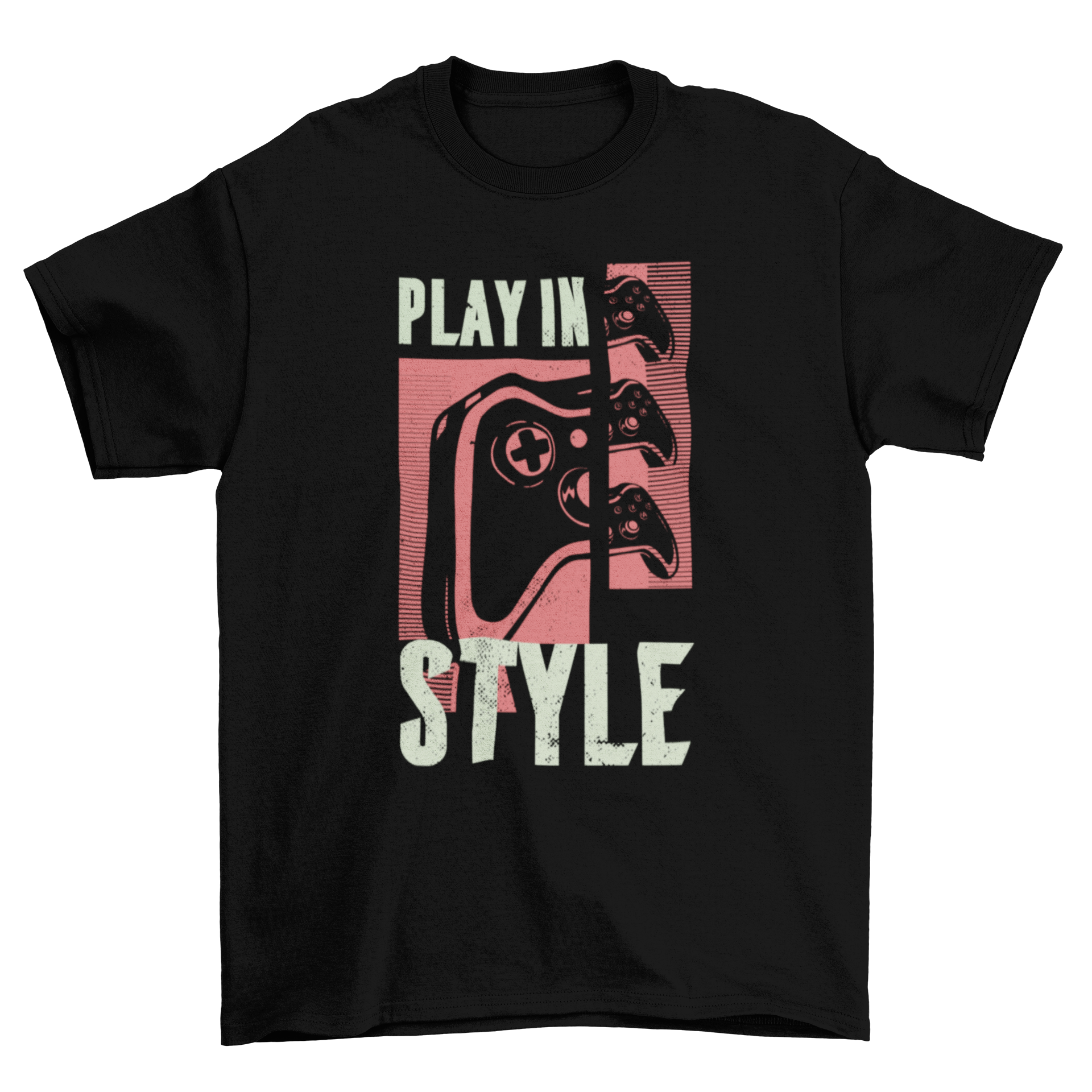 Gaming Quote T-shirt featuring the quote 'PLAY IN STYLE' and a gaming controller graphic.