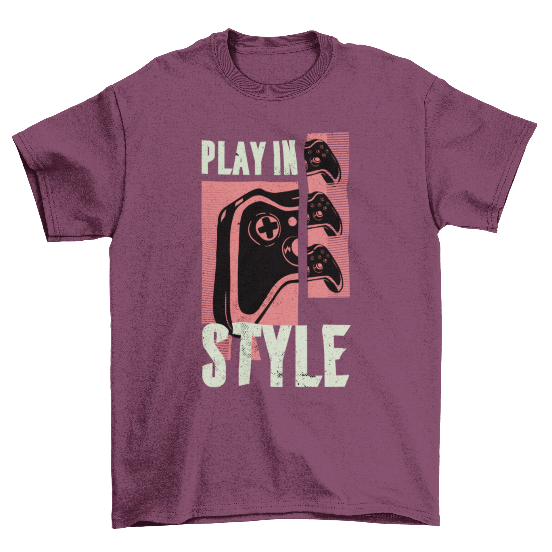 Gaming Quote T-shirt featuring the quote 'PLAY IN STYLE' and a gaming controller graphic.