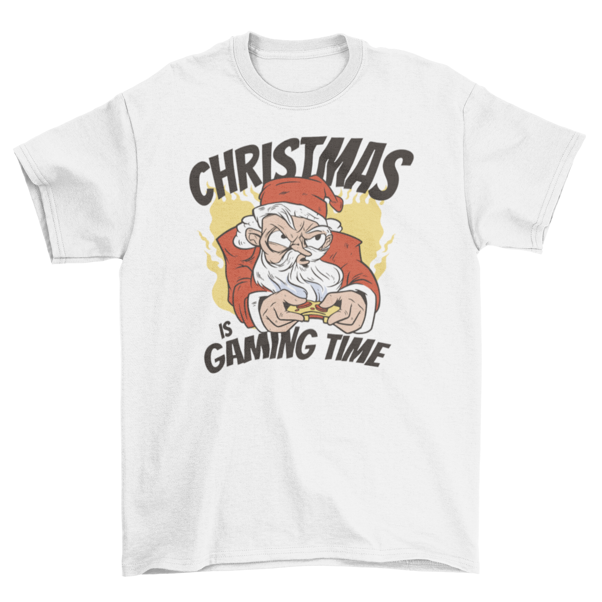 A festive Gaming Santa Christmas t-shirt featuring Santa Claus playing video games, perfect for gamers during the holiday season.