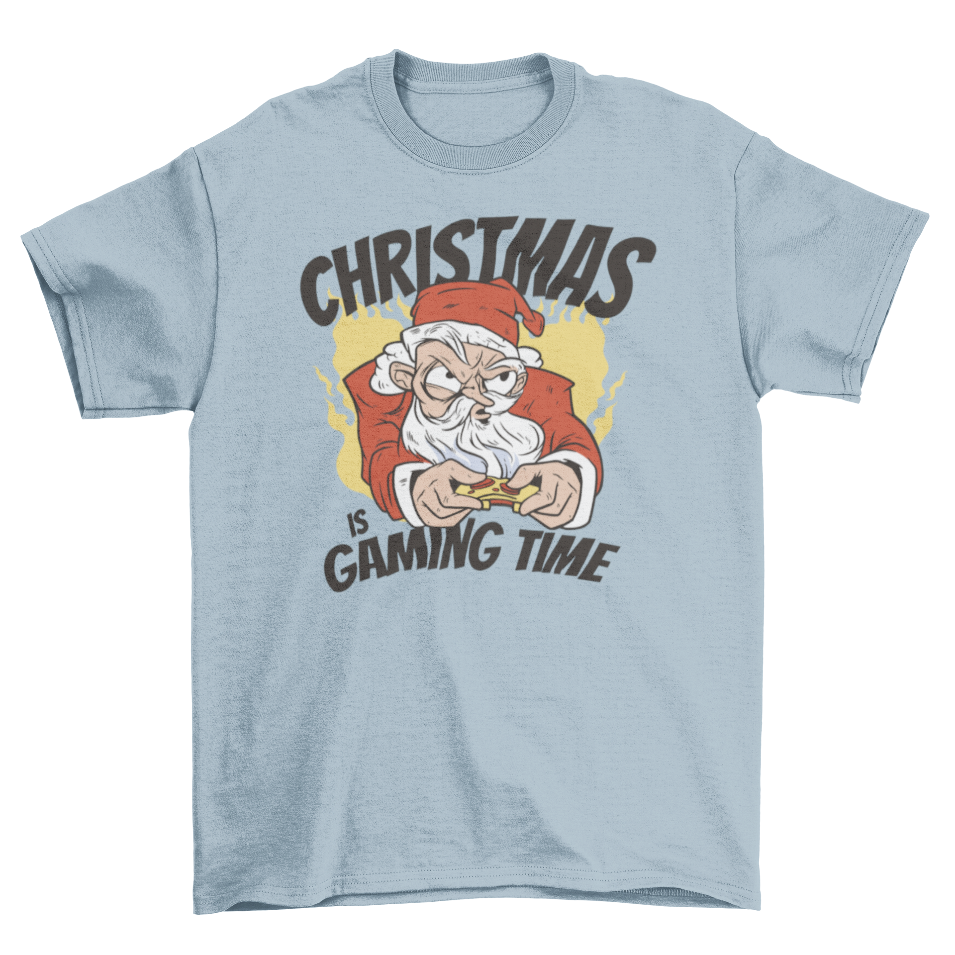 A festive Gaming Santa Christmas t-shirt featuring Santa Claus playing video games, perfect for gamers during the holiday season.