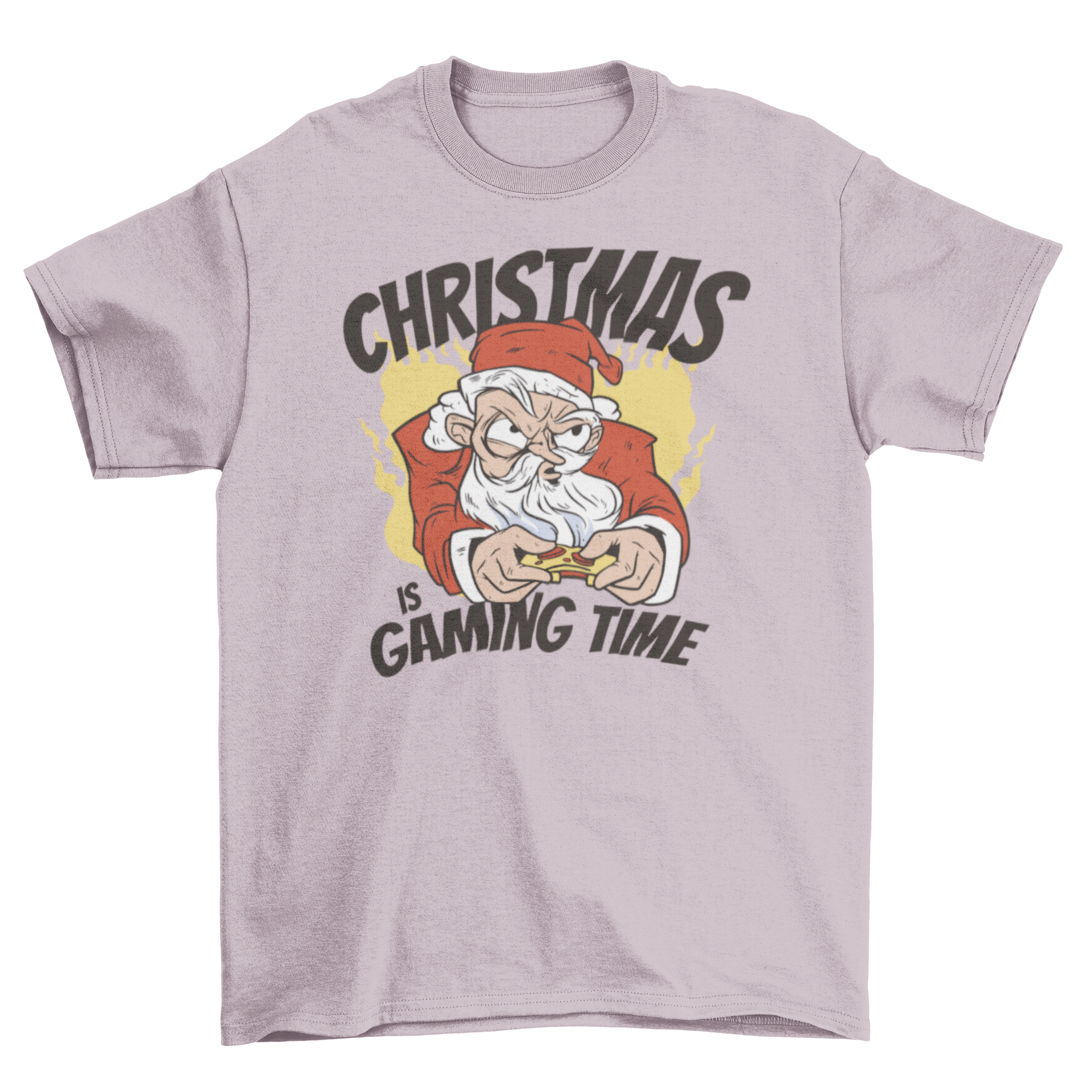 A festive Gaming Santa Christmas t-shirt featuring Santa Claus playing video games, perfect for gamers during the holiday season.