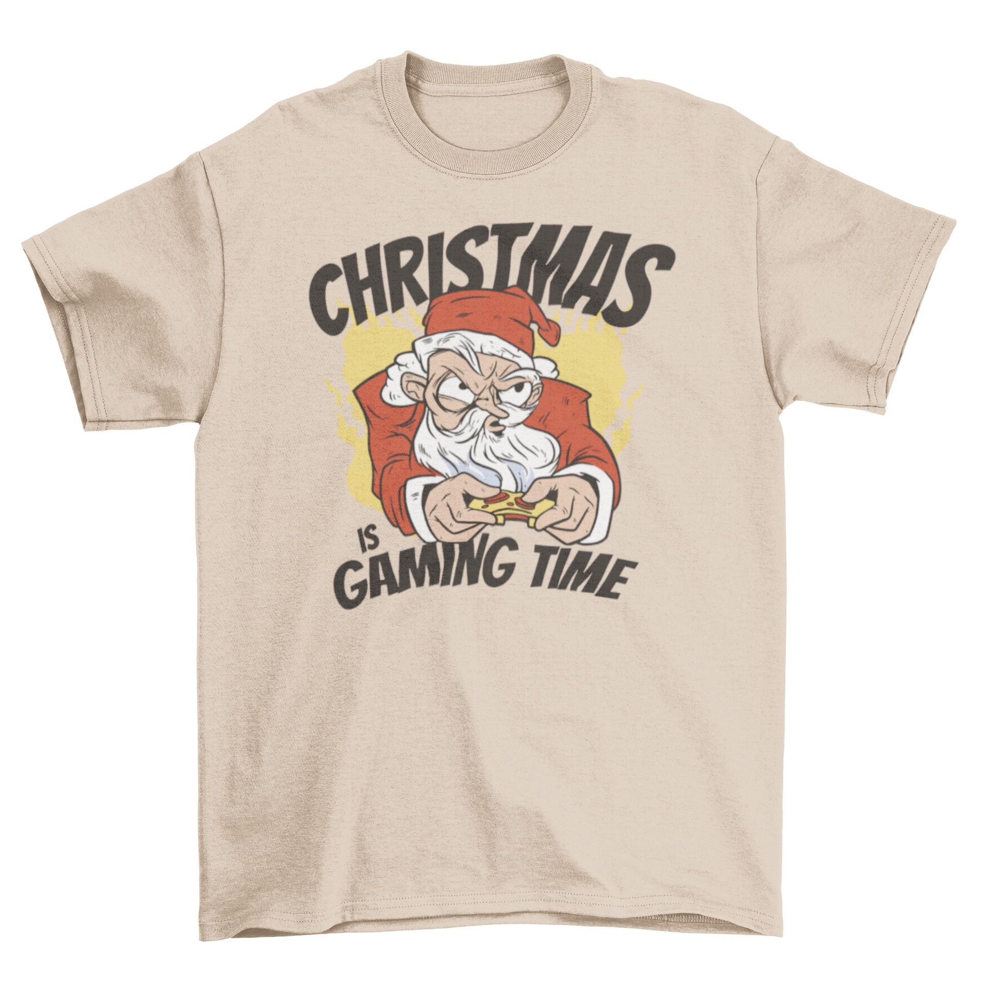 A festive Gaming Santa Christmas t-shirt featuring Santa Claus playing video games, perfect for gamers during the holiday season.