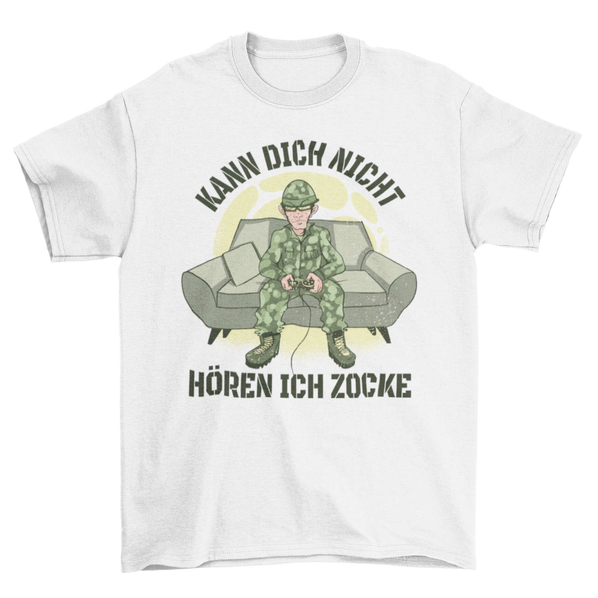 Gaming soldier t-shirt design featuring a soldier playing video games with a humorous quote.