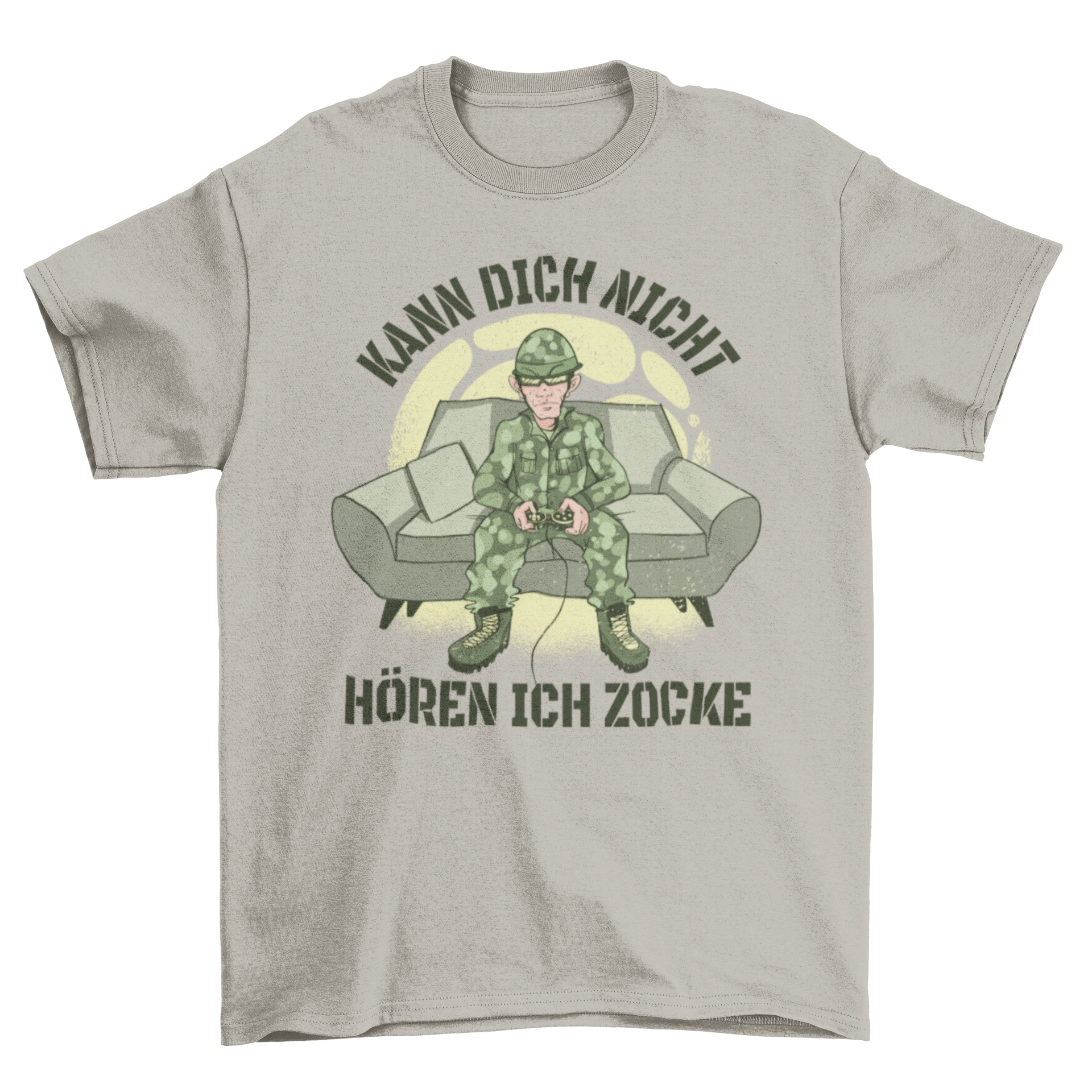 Gaming soldier t-shirt design featuring a soldier playing video games with a humorous quote.