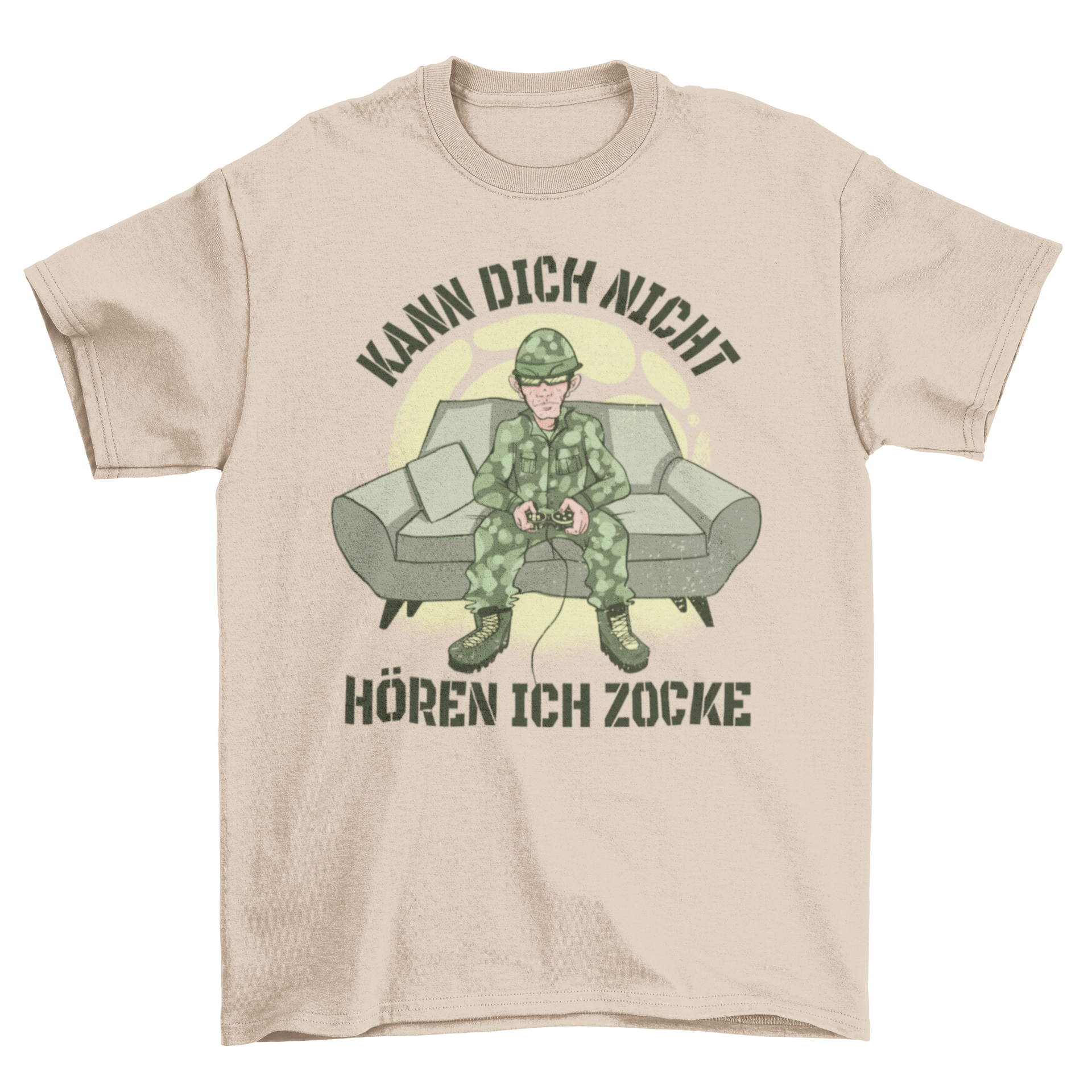 Gaming soldier t-shirt design featuring a soldier playing video games with a humorous quote.