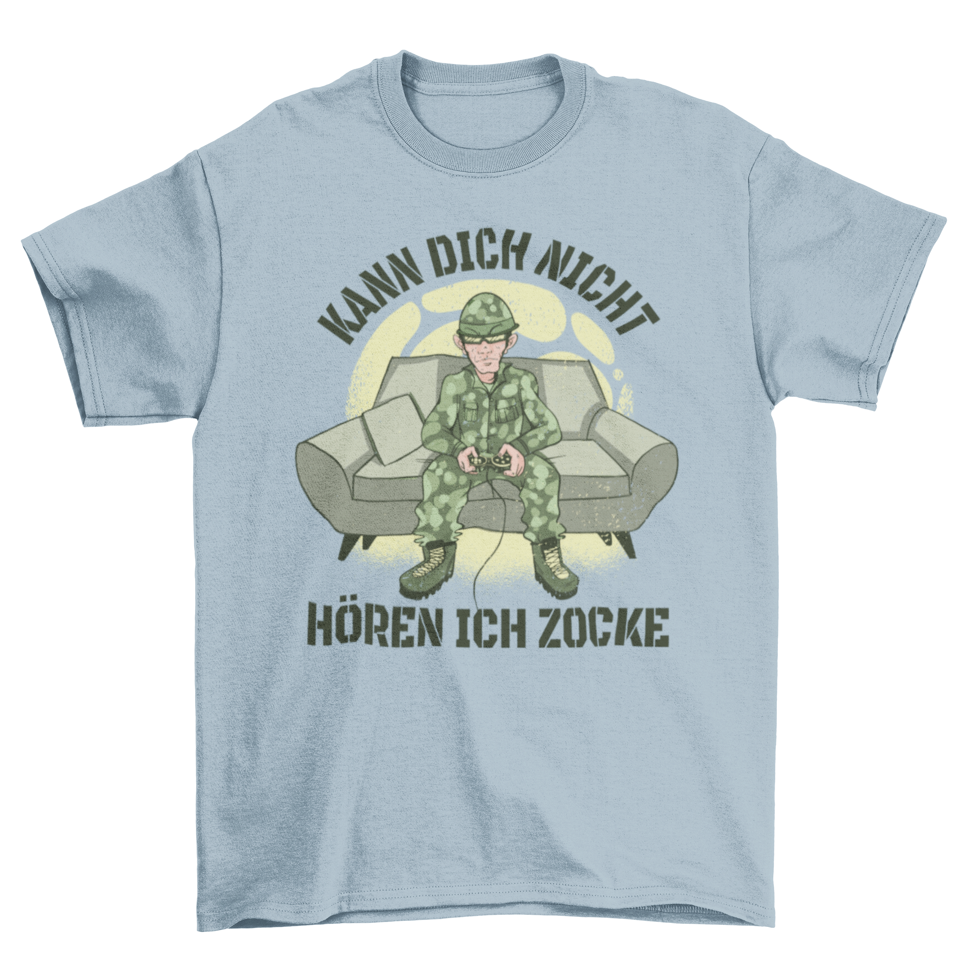 Gaming soldier t-shirt design featuring a soldier playing video games with a humorous quote.