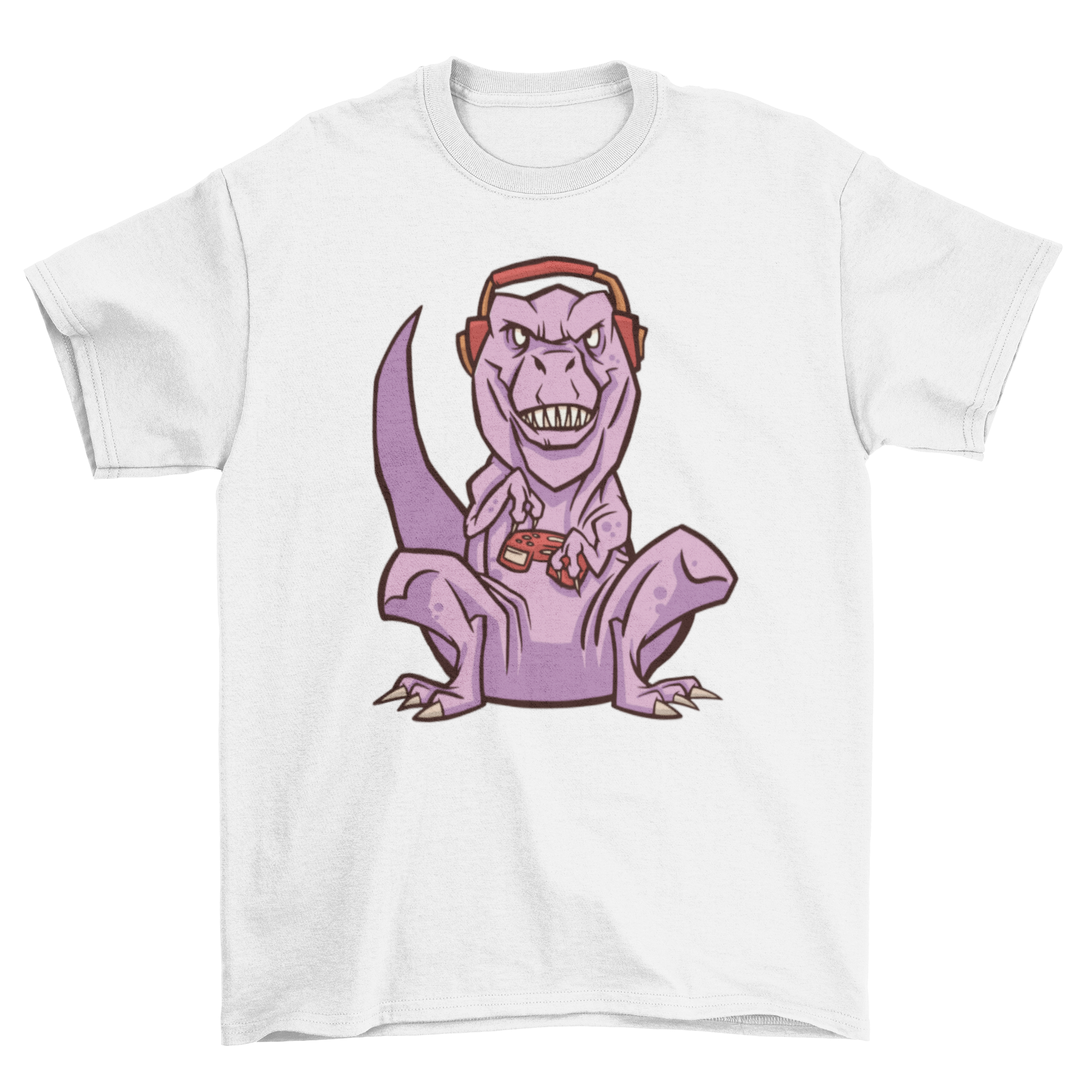 A vibrant Gaming T-Rex t-shirt featuring a cartoon dinosaur playing video games, perfect for gamers.