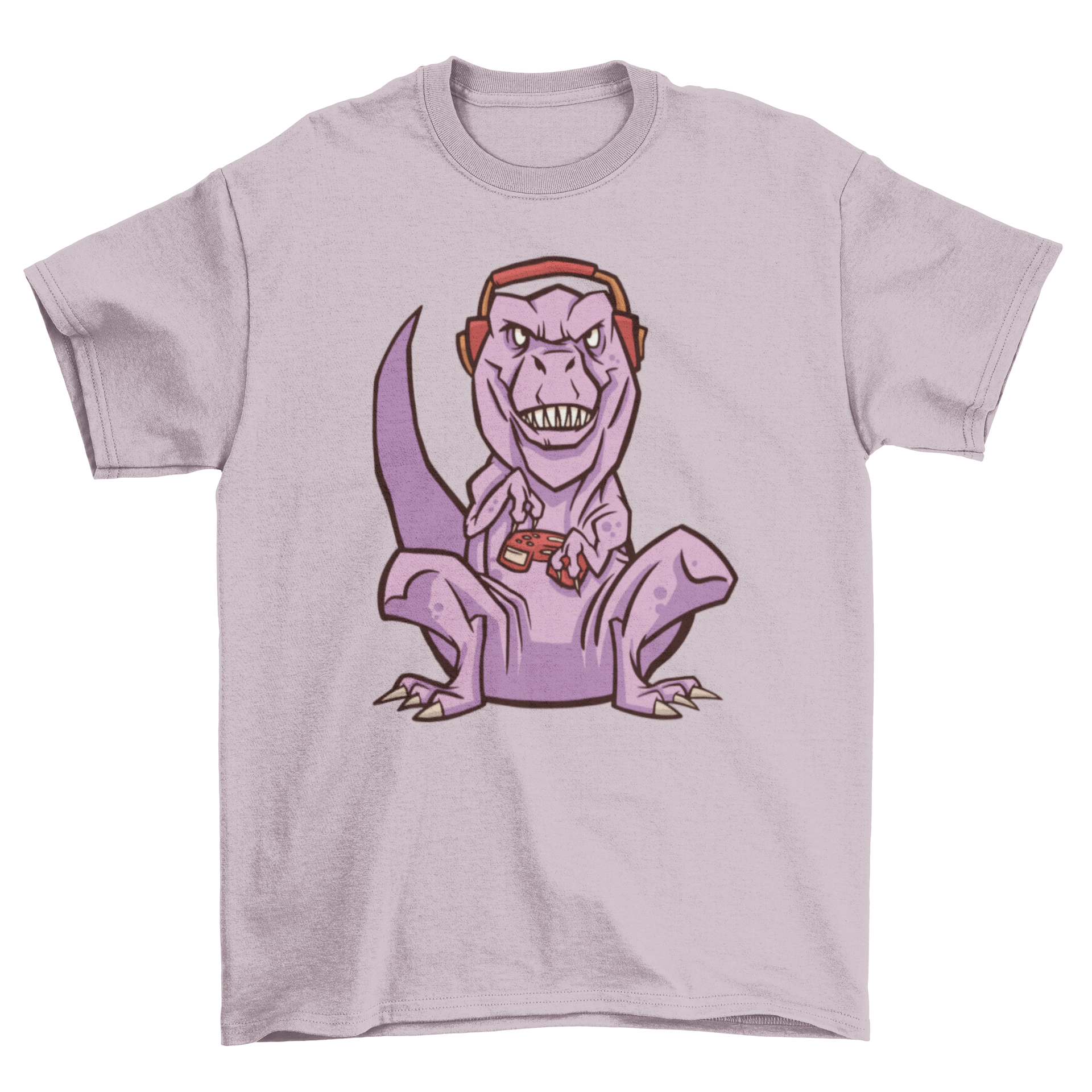 A vibrant Gaming T-Rex t-shirt featuring a cartoon dinosaur playing video games, perfect for gamers.