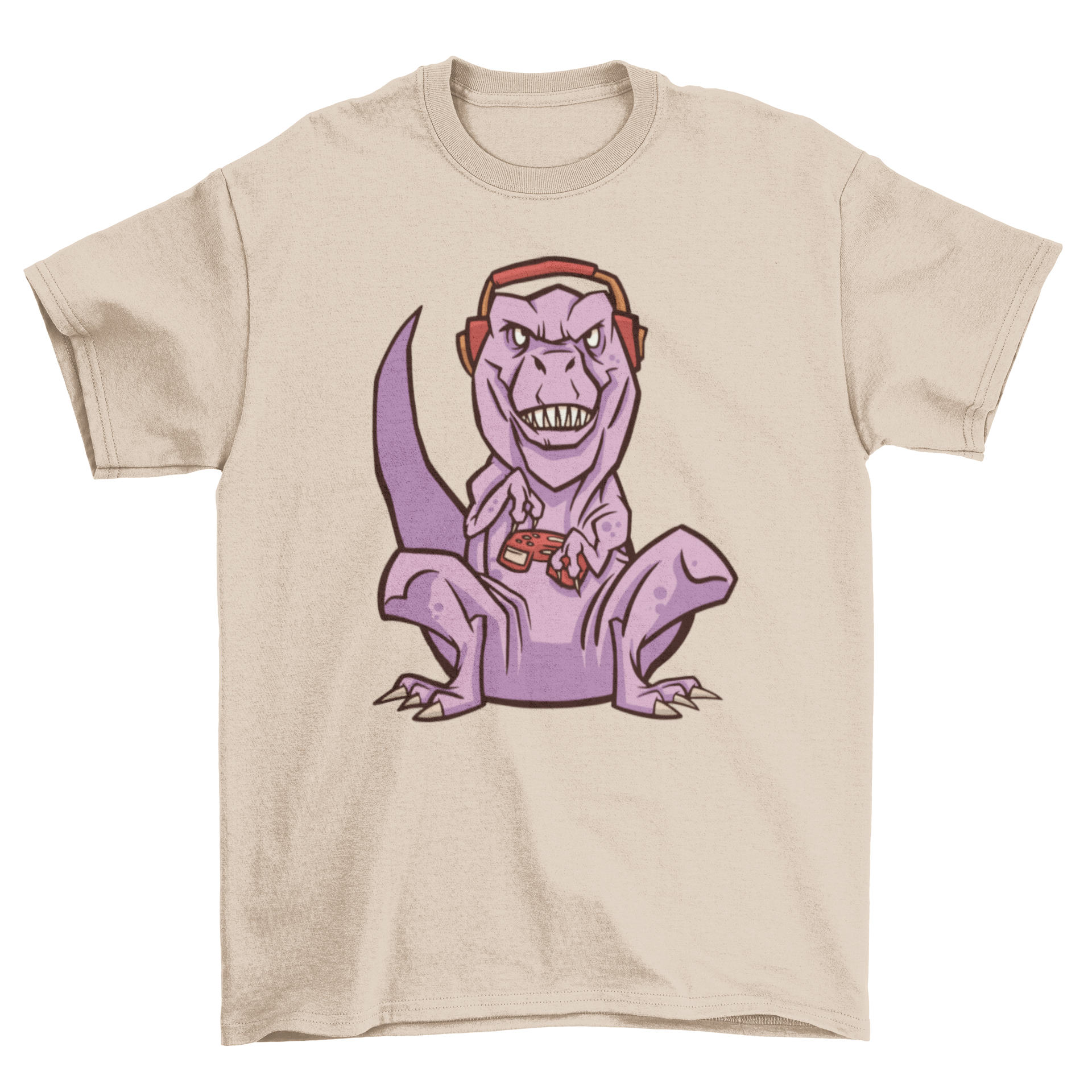 A vibrant Gaming T-Rex t-shirt featuring a cartoon dinosaur playing video games, perfect for gamers.