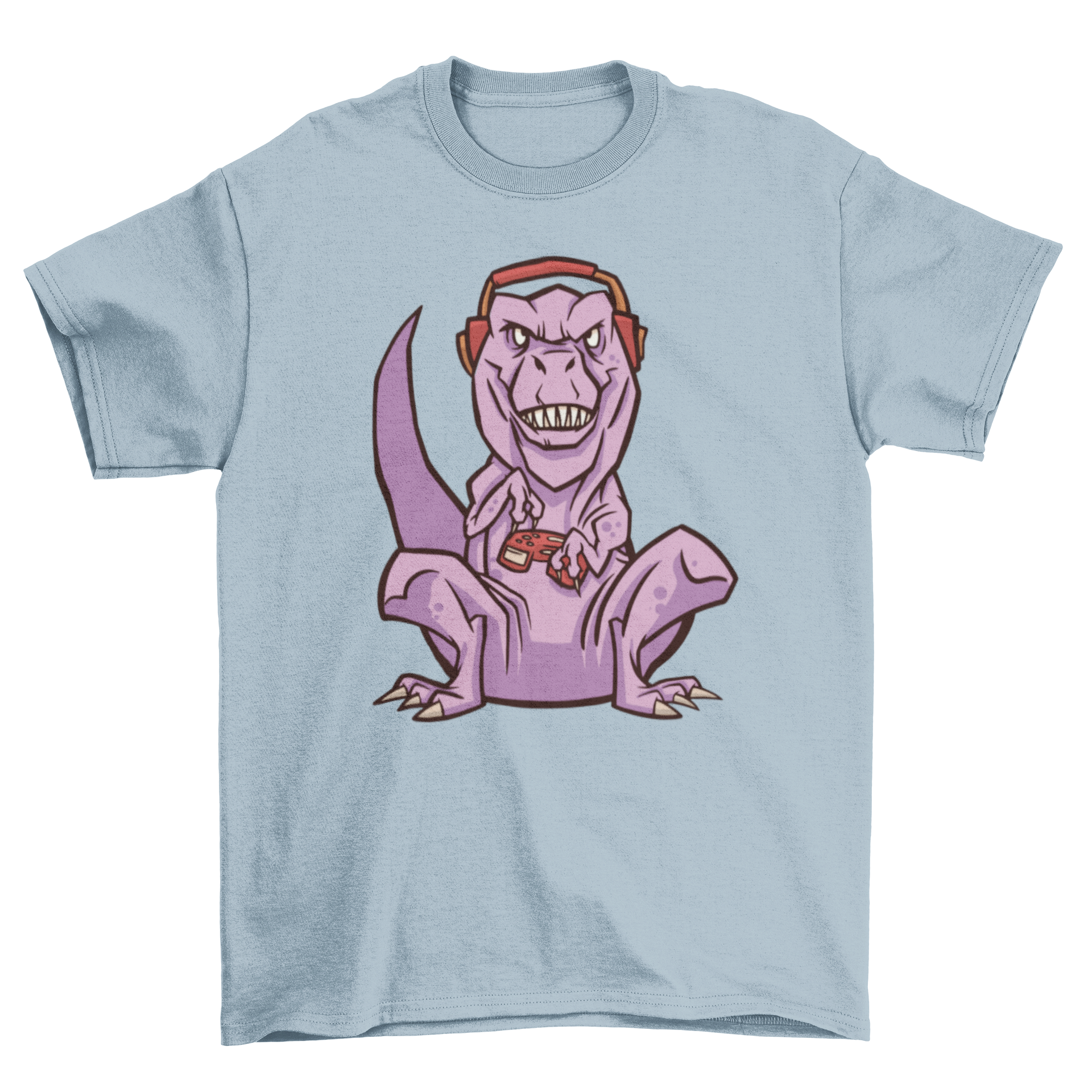 A vibrant Gaming T-Rex t-shirt featuring a cartoon dinosaur playing video games, perfect for gamers.