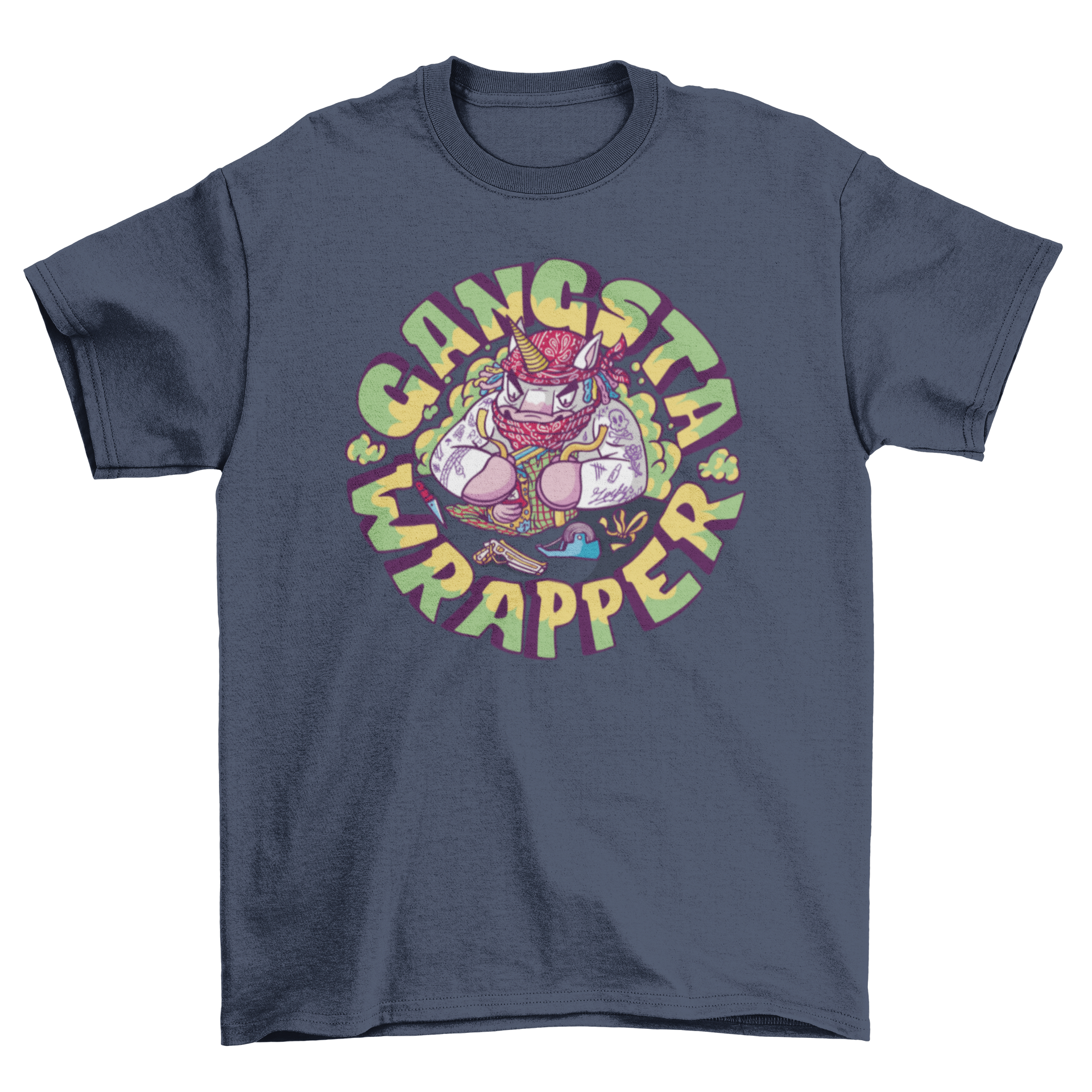 A colorful t-shirt featuring a gangster unicorn wrapping a gift with the quote 'Gangsta wrapper'.