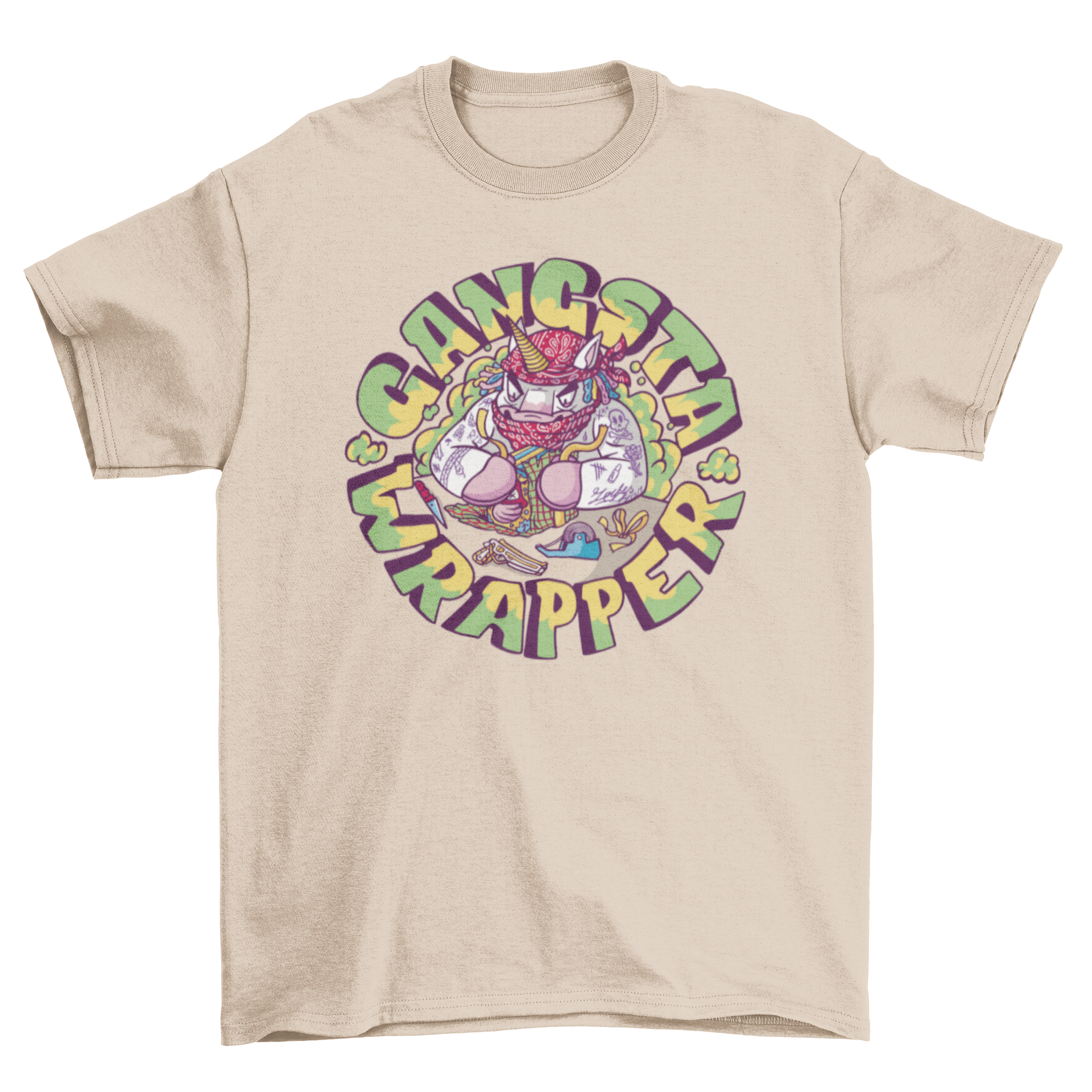 A colorful t-shirt featuring a gangster unicorn wrapping a gift with the quote 'Gangsta wrapper'.