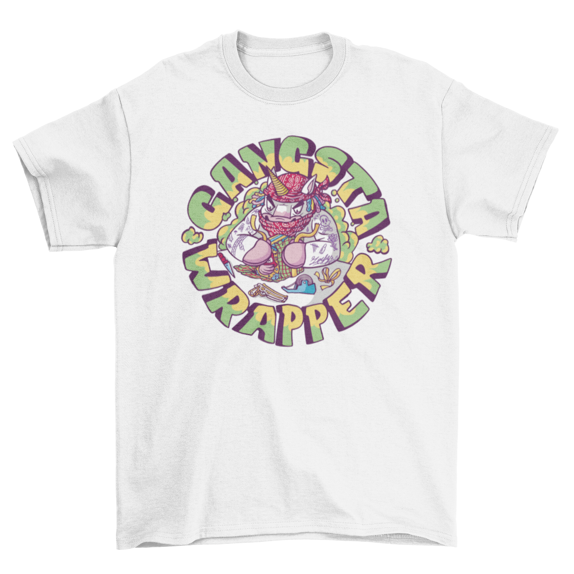 A colorful t-shirt featuring a gangster unicorn wrapping a gift with the quote 'Gangsta wrapper'.