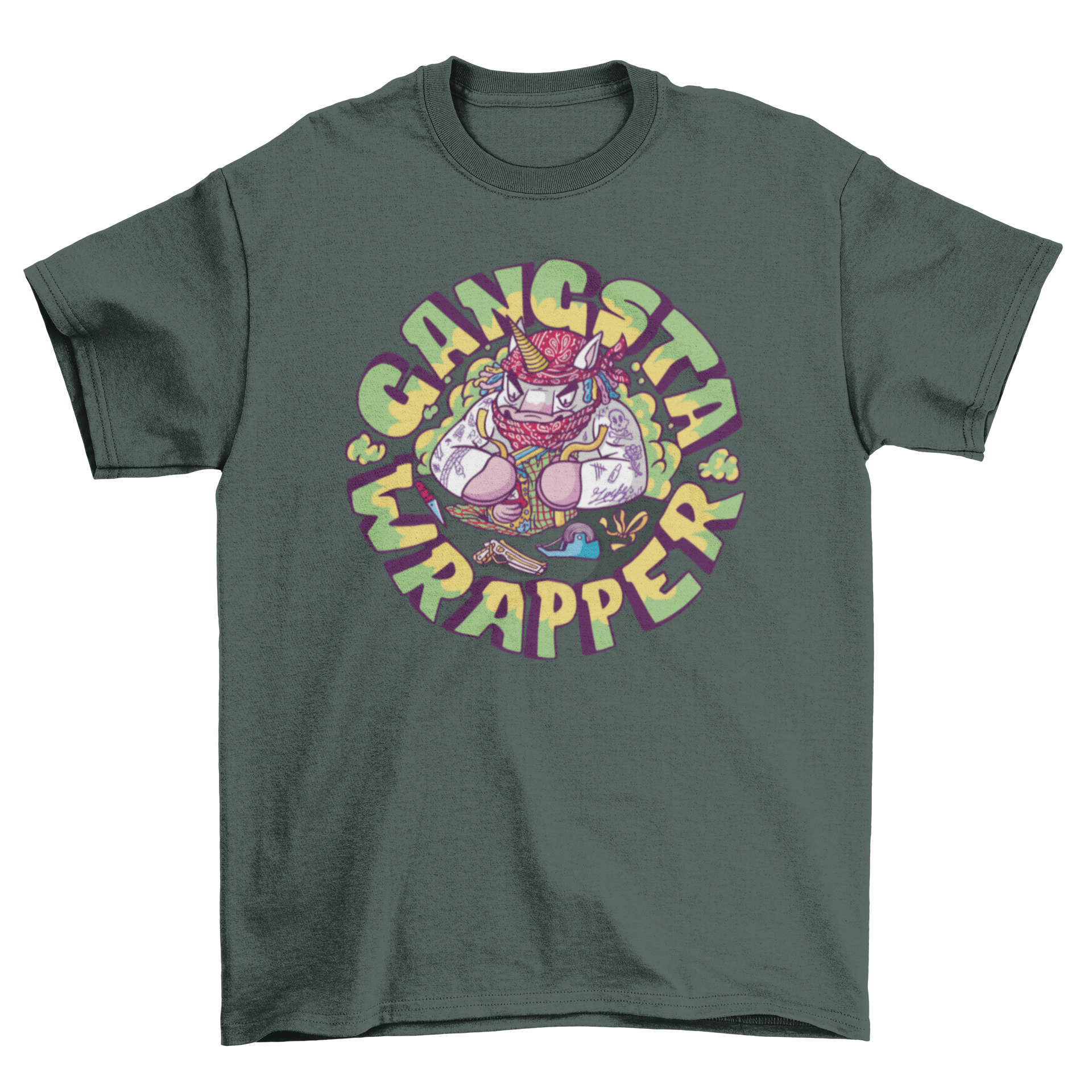 A colorful t-shirt featuring a gangster unicorn wrapping a gift with the quote 'Gangsta wrapper'.