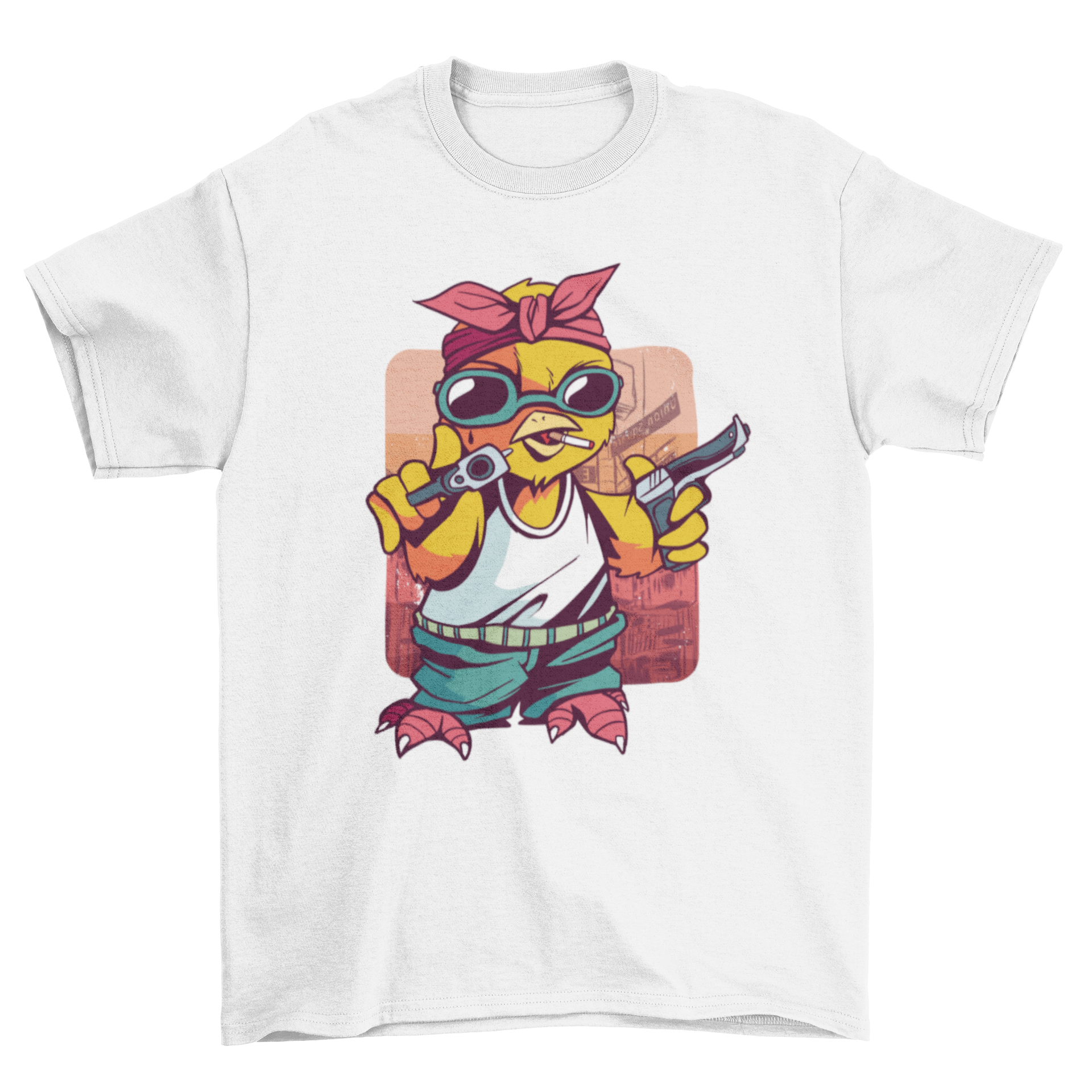 Gangster Chick T-Shirt featuring a stylish chick illustration holding guns, perfect for casual wear.