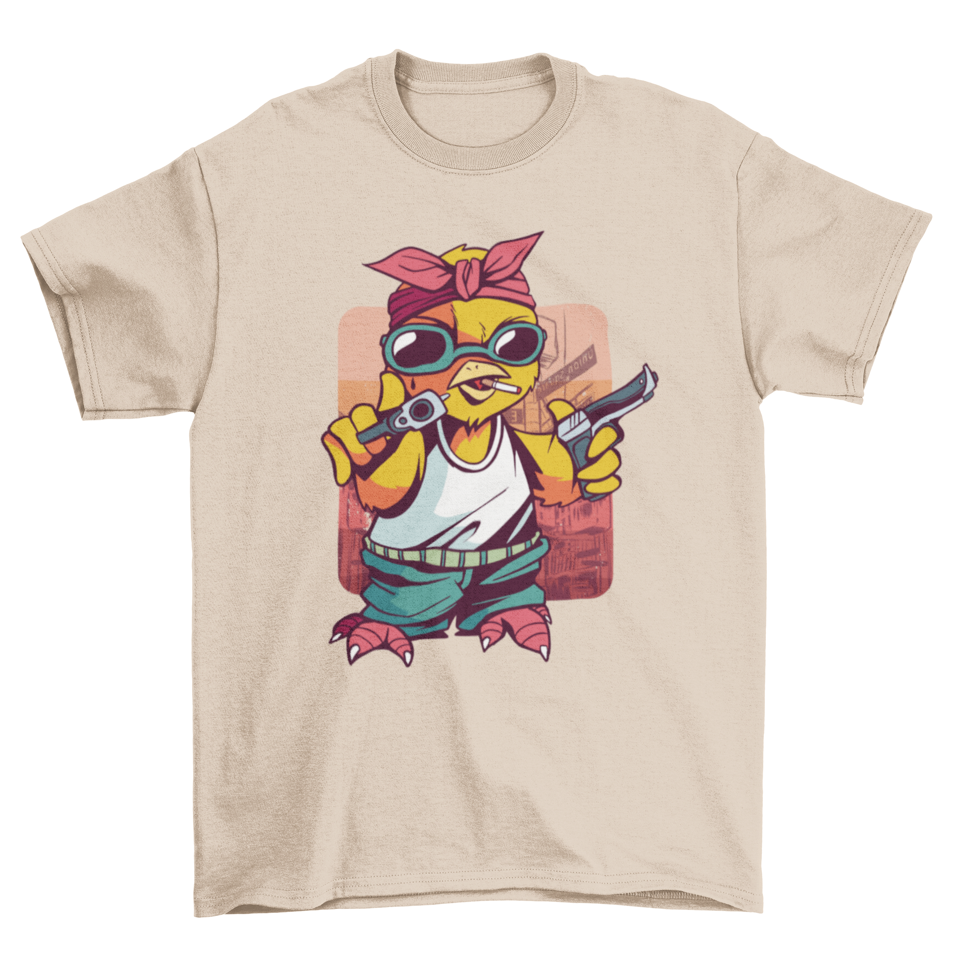 Gangster Chick T-Shirt featuring a stylish chick illustration holding guns, perfect for casual wear.