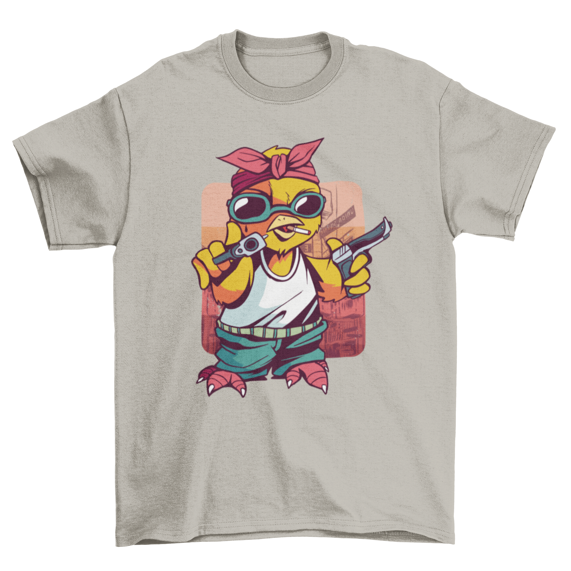 Gangster Chick T-Shirt featuring a stylish chick illustration holding guns, perfect for casual wear.