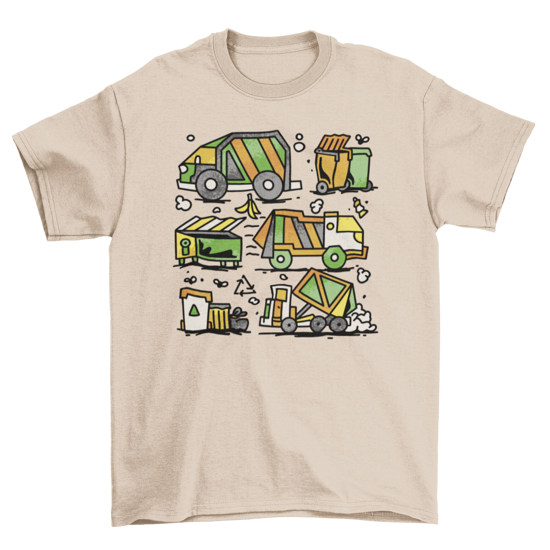 A vibrant t-shirt featuring a colorful design of garbage trucks picking up trash, showcasing the importance of waste management.