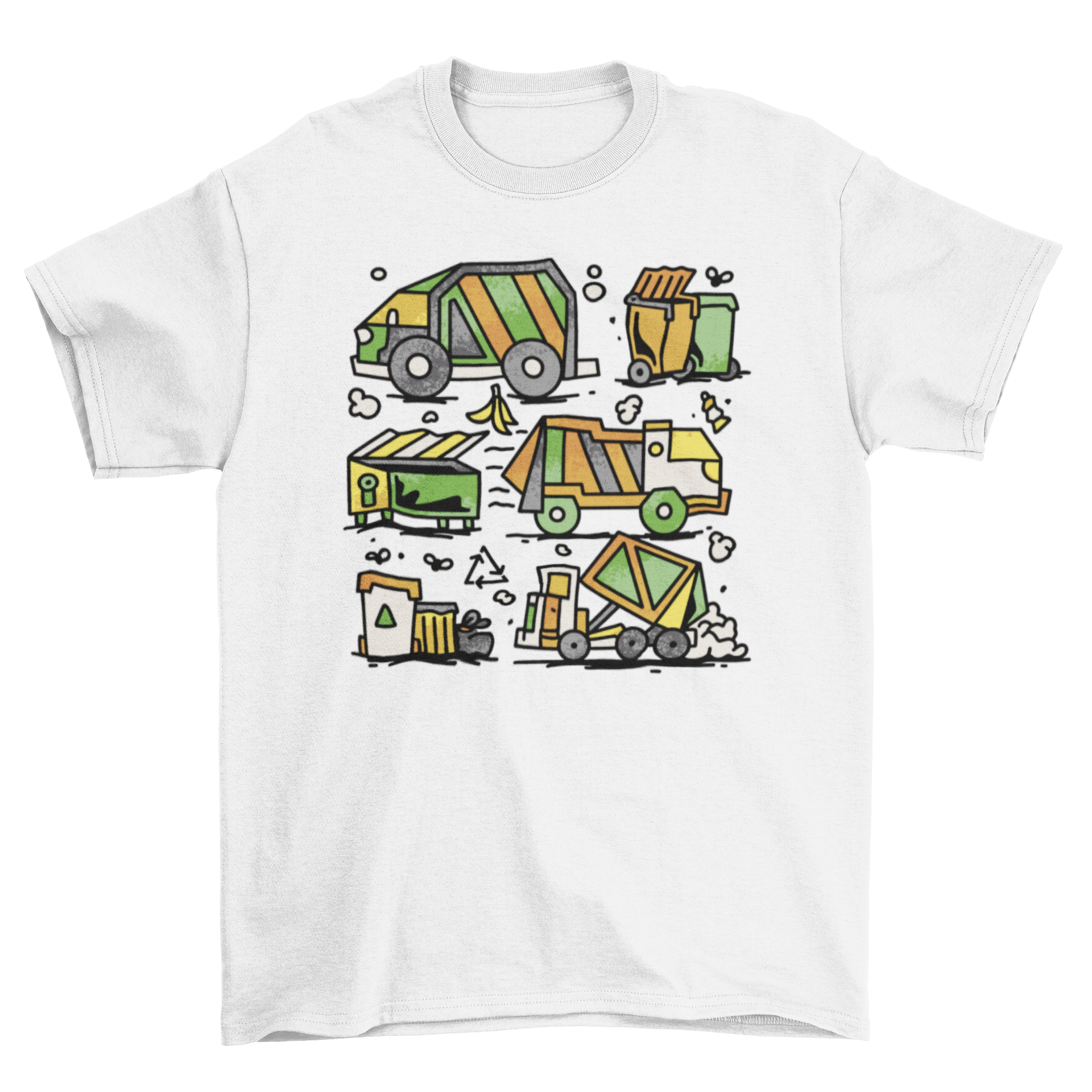 A vibrant t-shirt featuring a colorful design of garbage trucks picking up trash, showcasing the importance of waste management.