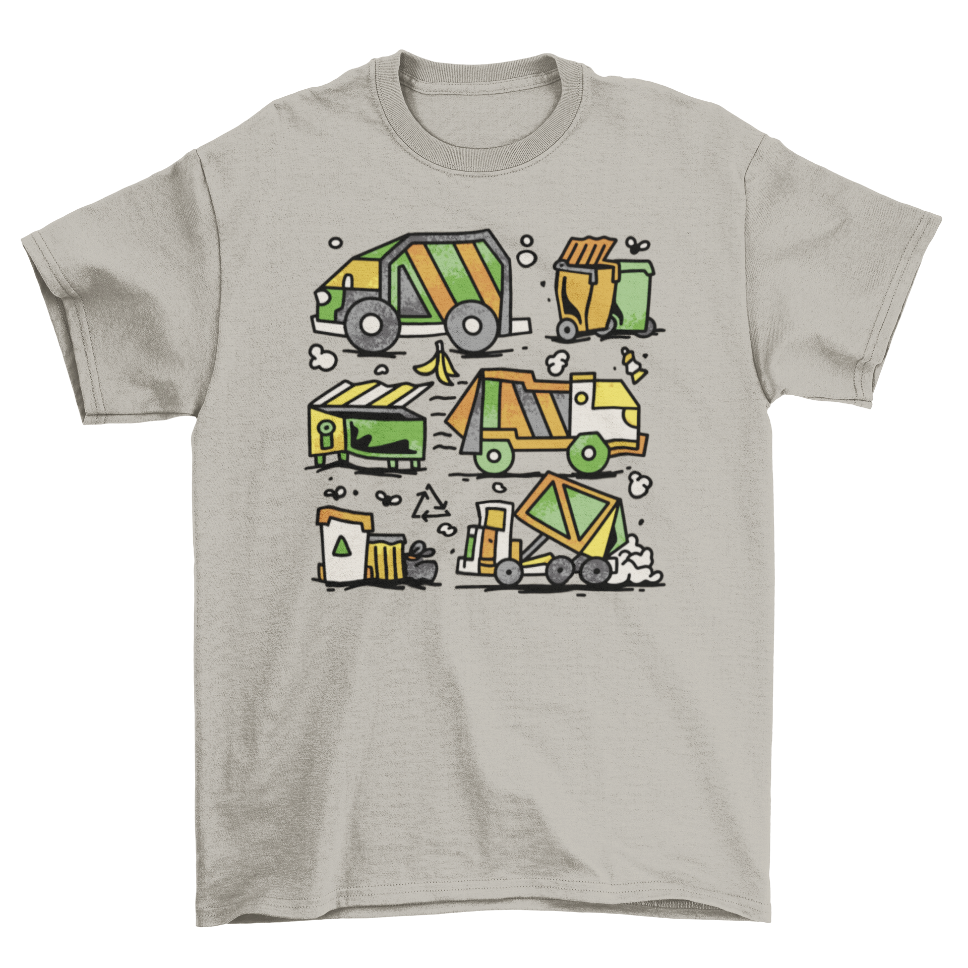 A vibrant t-shirt featuring a colorful design of garbage trucks picking up trash, showcasing the importance of waste management.