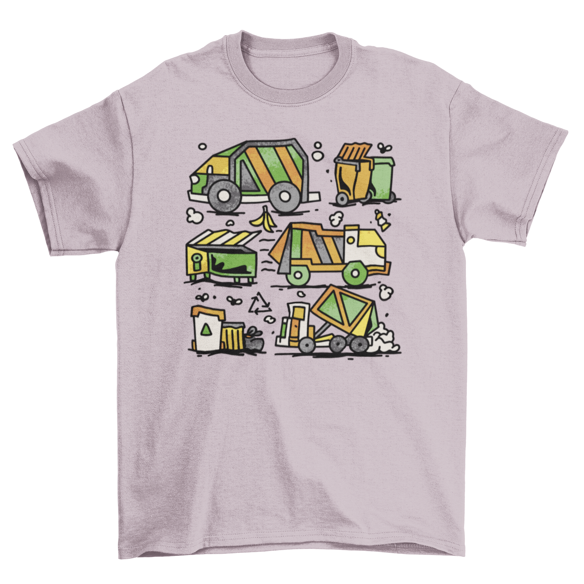 A vibrant t-shirt featuring a colorful design of garbage trucks picking up trash, showcasing the importance of waste management.