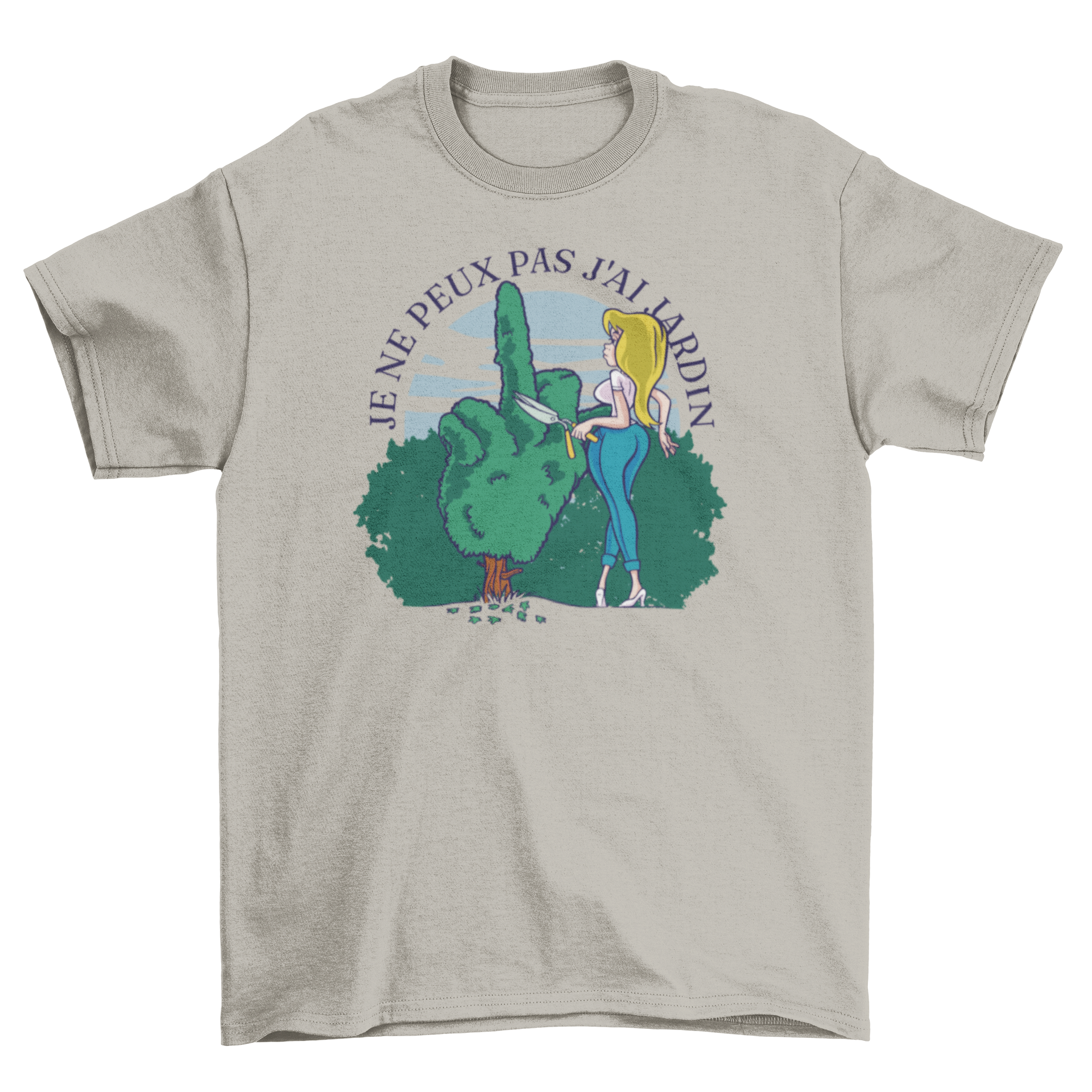 Garden Girl T-shirt featuring a woman pruning a bush shaped like a middle finger with a French quote.