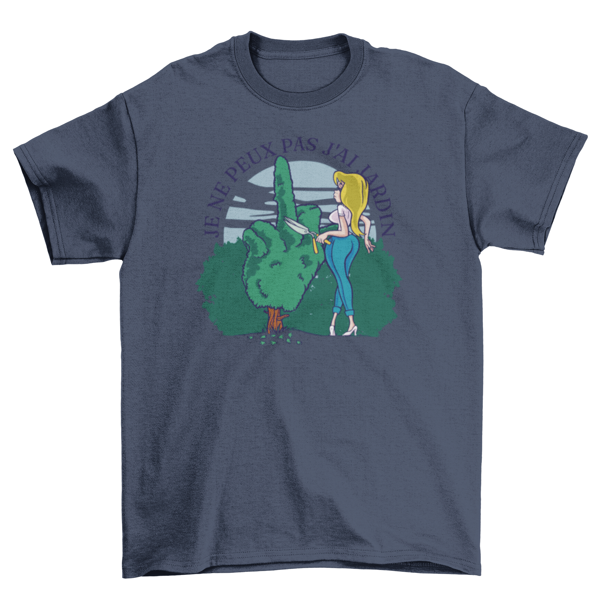 Garden Girl T-shirt featuring a woman pruning a bush shaped like a middle finger with a French quote.