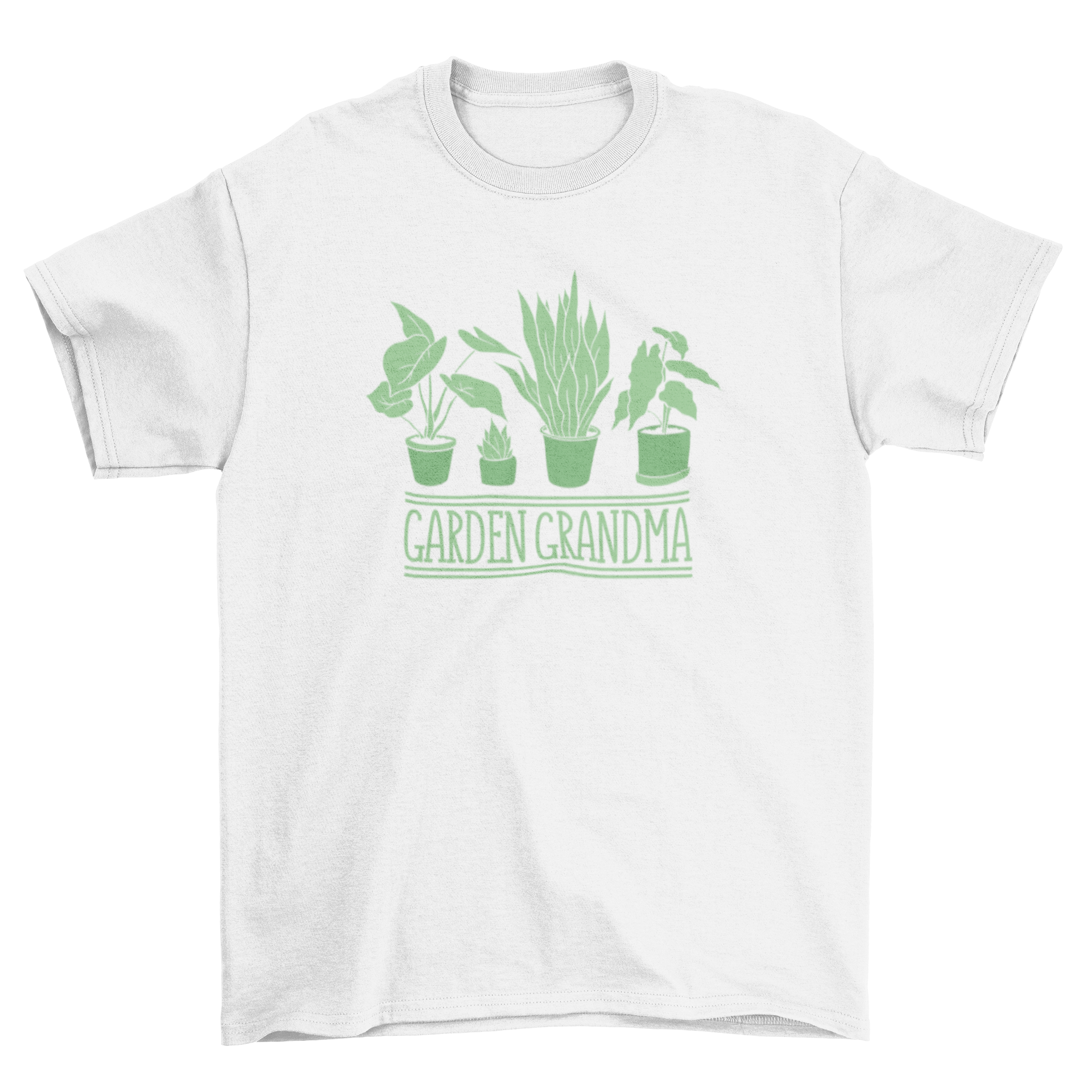 A stylish t-shirt featuring the quote 'Garden Grandma' with colorful plants in pots design.