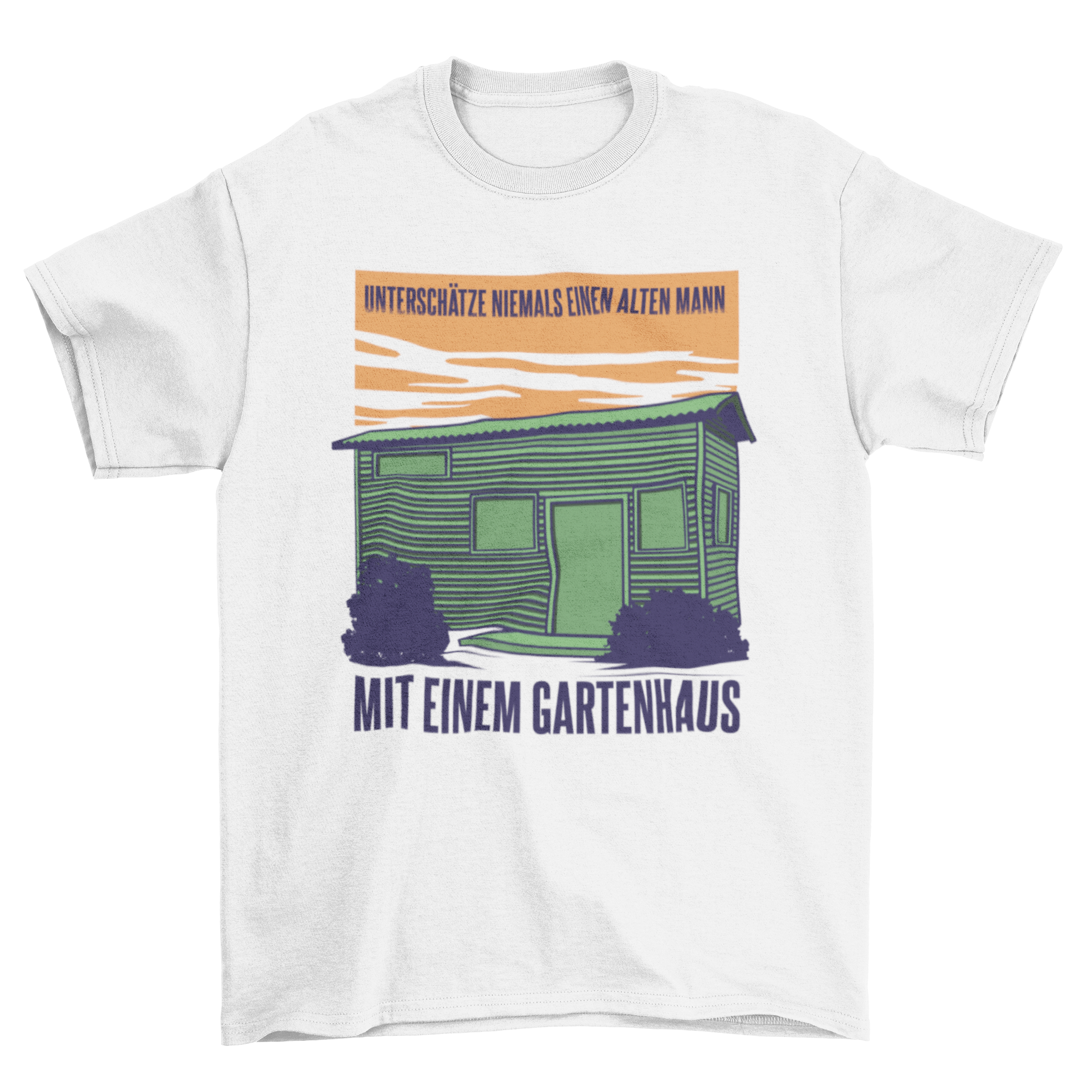 A stylish t-shirt featuring a garden shed illustration and a German quote about gardening.