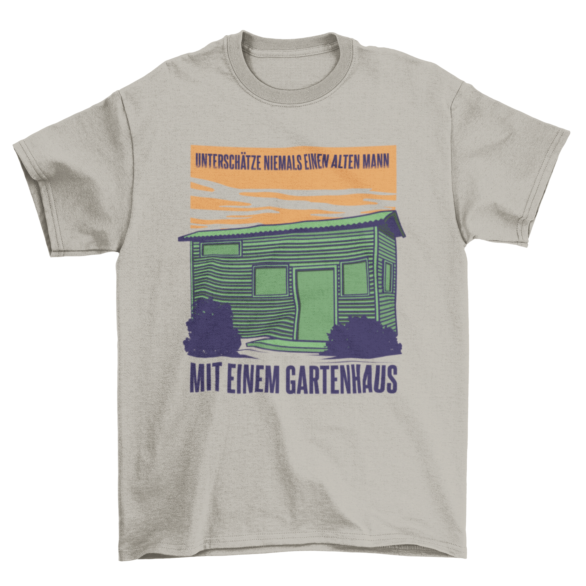 A stylish t-shirt featuring a garden shed illustration and a German quote about gardening.