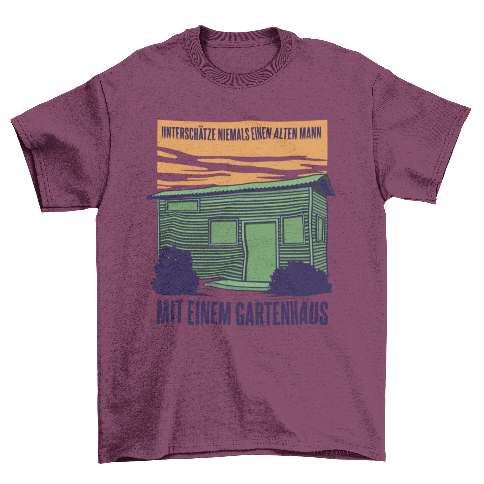 A stylish t-shirt featuring a garden shed illustration and a German quote about gardening.