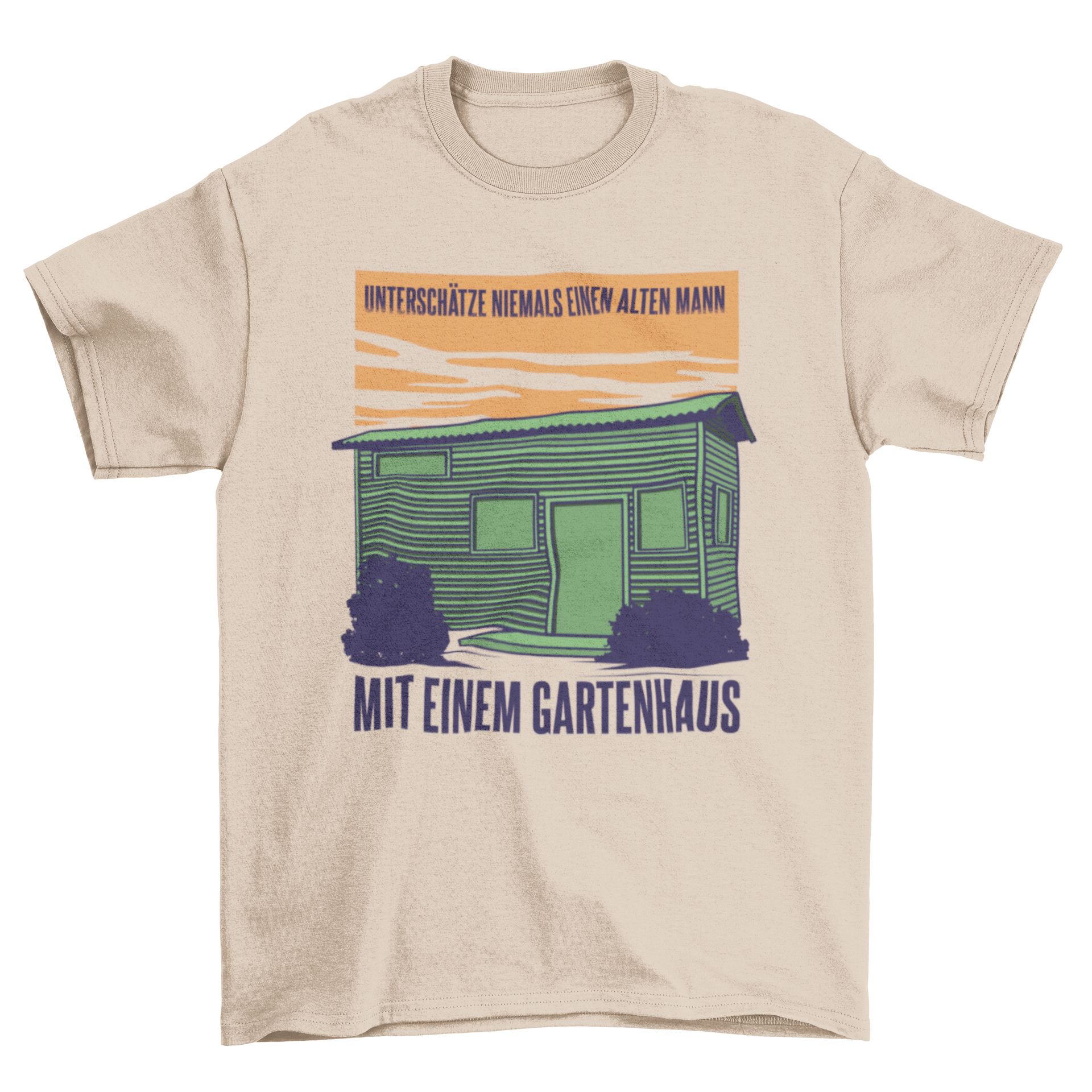 A stylish t-shirt featuring a garden shed illustration and a German quote about gardening.