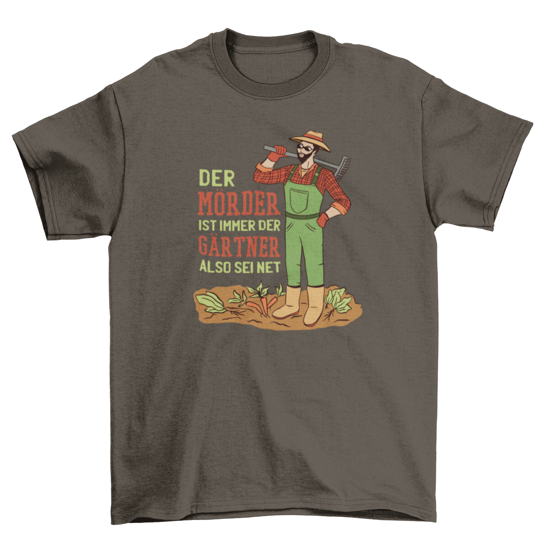 Gardener Quote T-Shirt featuring an illustration of a gardener and a humorous German quote.