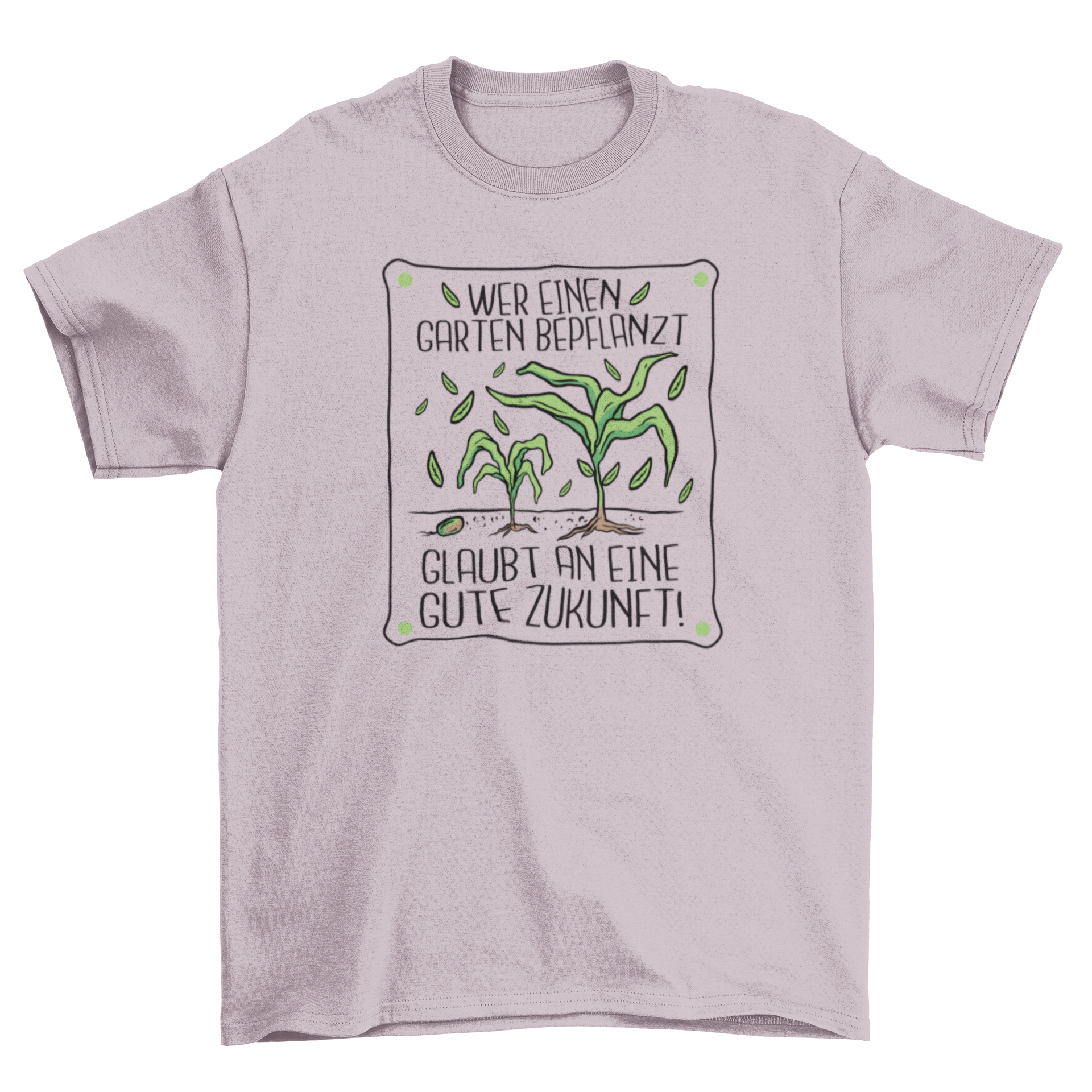 Gardening plants t-shirt featuring a German quote about planting and a bright plant design.