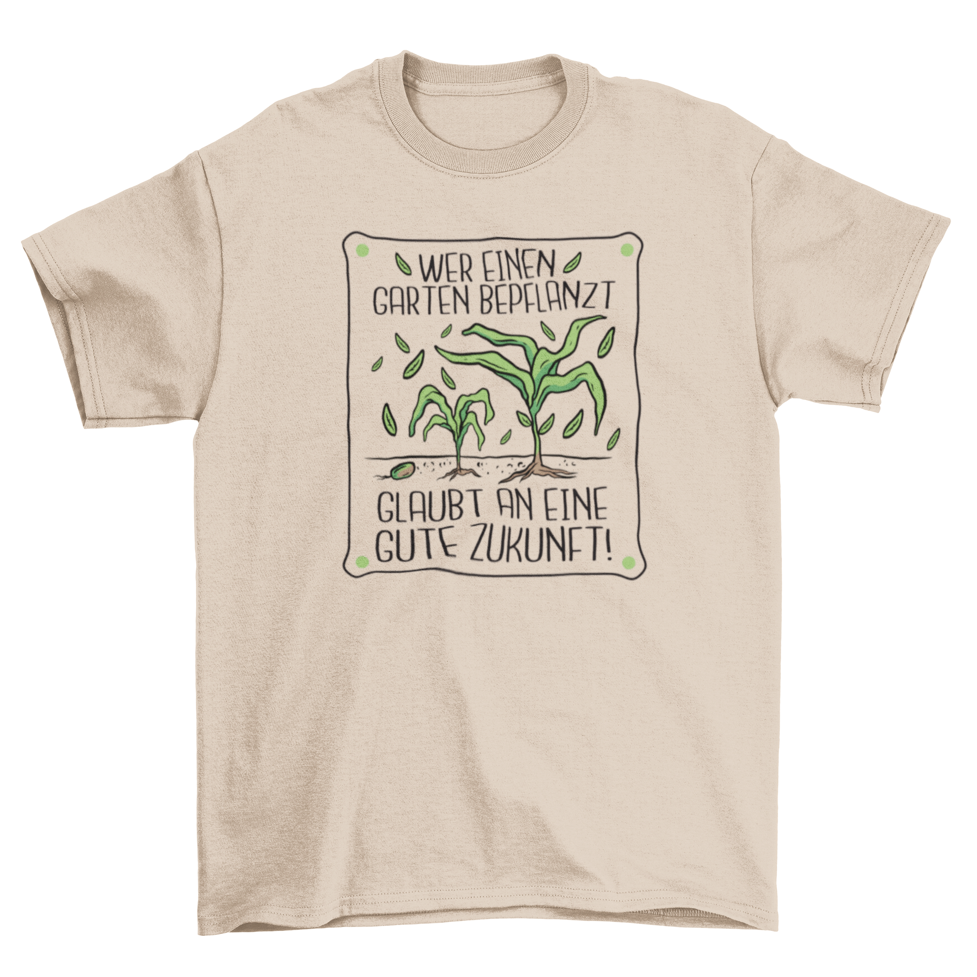 Gardening plants t-shirt featuring a German quote about planting and a bright plant design.