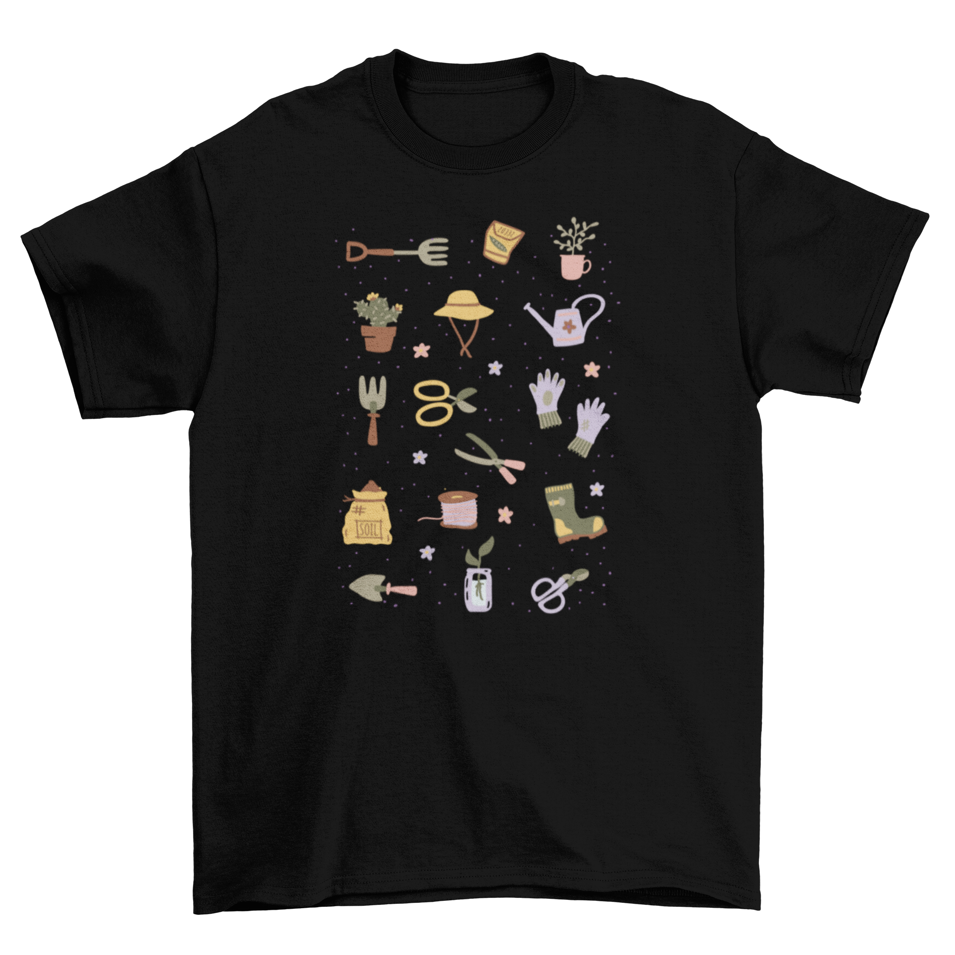 A stylish t-shirt featuring illustrated gardening tools like shears and shovels, perfect for gardening enthusiasts.