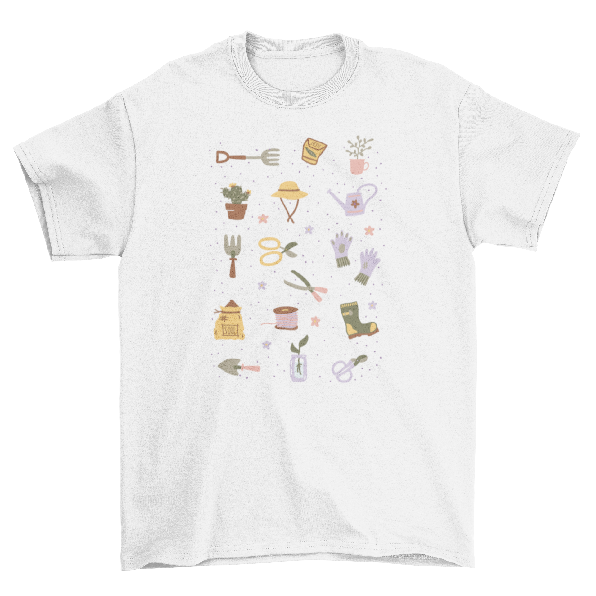 A stylish t-shirt featuring illustrated gardening tools like shears and shovels, perfect for gardening enthusiasts.