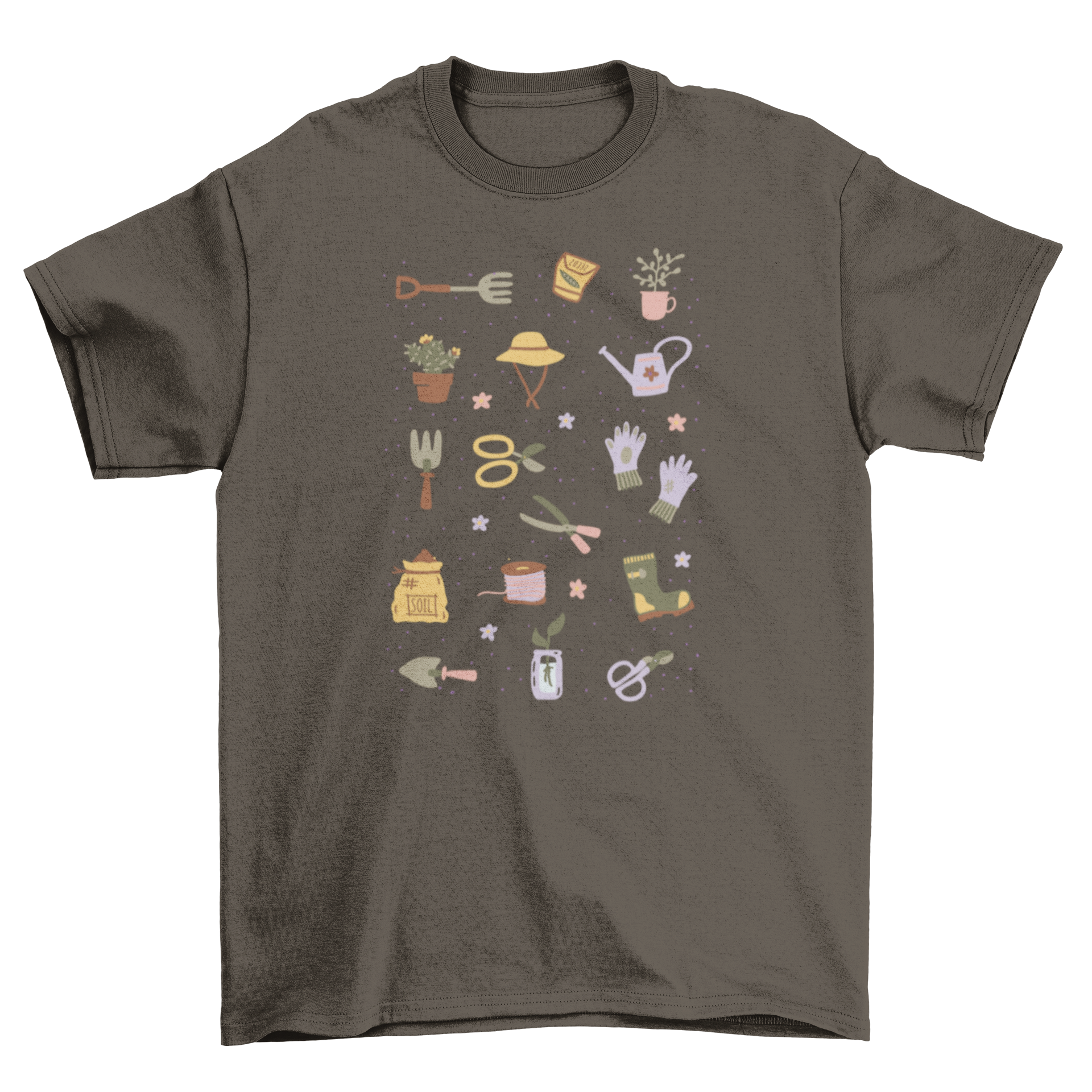 A stylish t-shirt featuring illustrated gardening tools like shears and shovels, perfect for gardening enthusiasts.