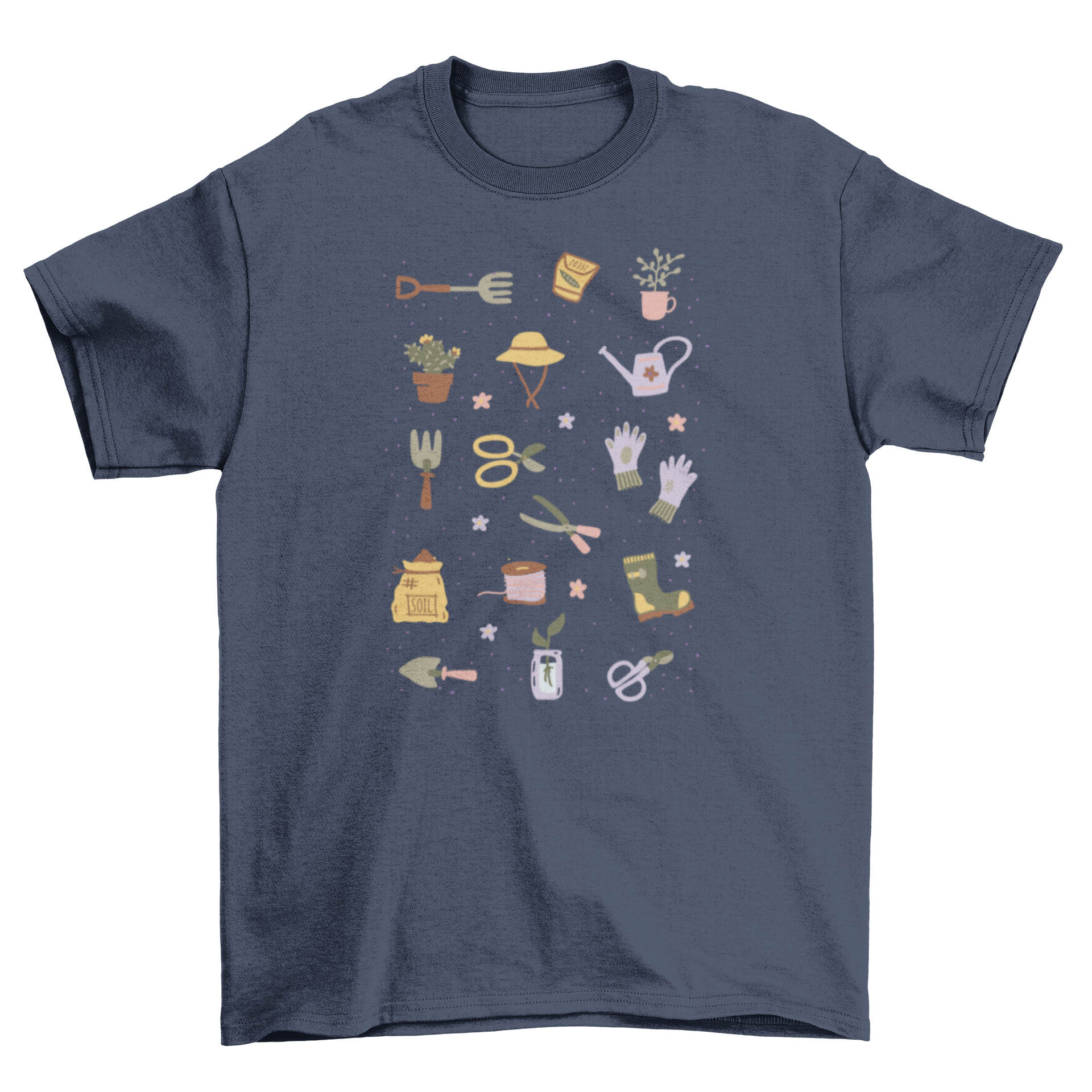 A stylish t-shirt featuring illustrated gardening tools like shears and shovels, perfect for gardening enthusiasts.