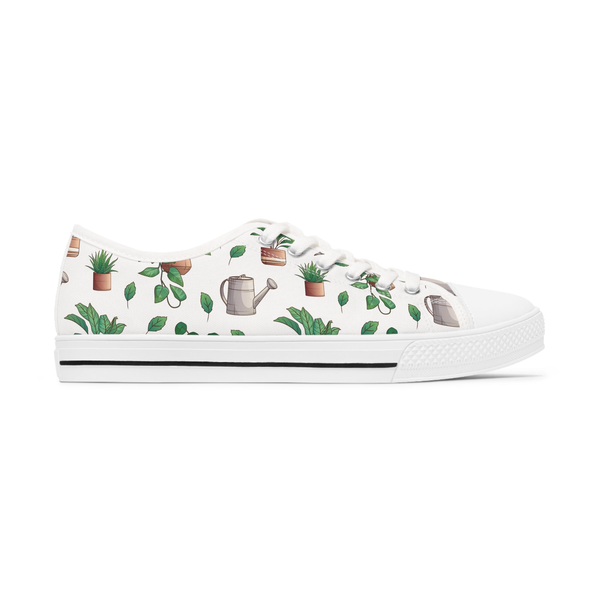 A pair of stylish Gardening Women's Low Top Sneakers in black and white, featuring breathable canvas, memory foam insoles, and silver metal eyelets.