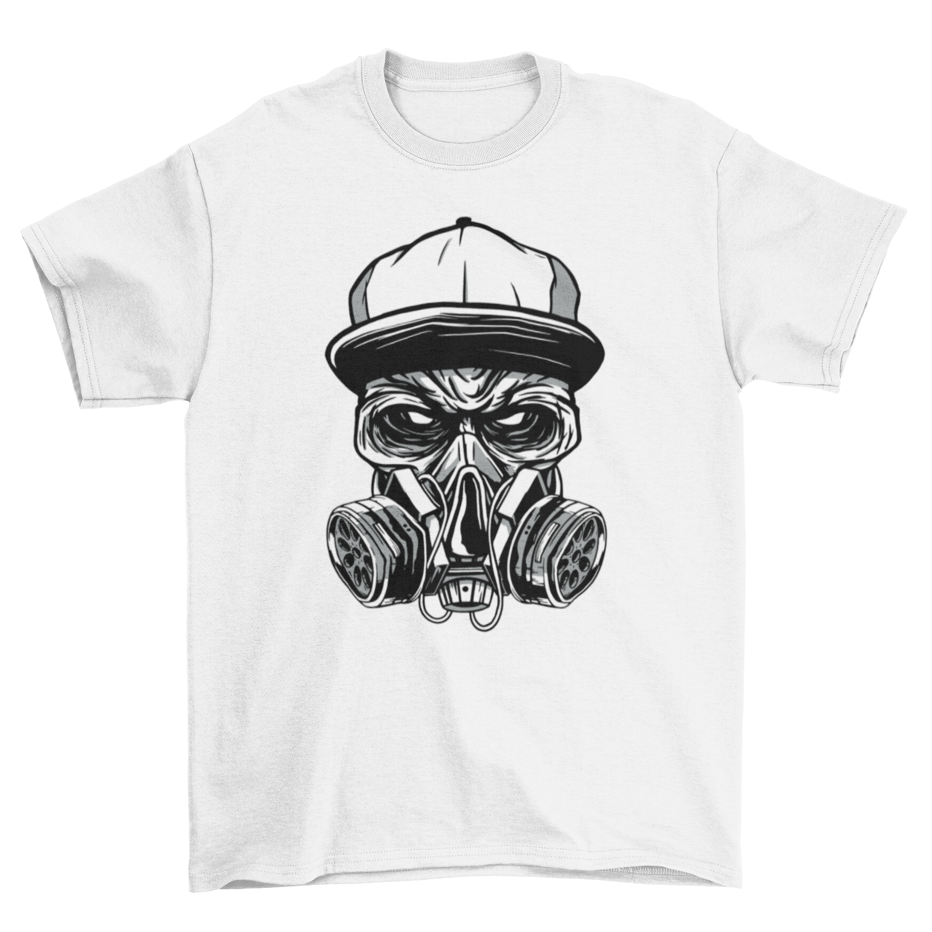 Gas Mask Zombie T-shirt featuring a zombie character with a face mask and cap, designed for unique streetwear style.