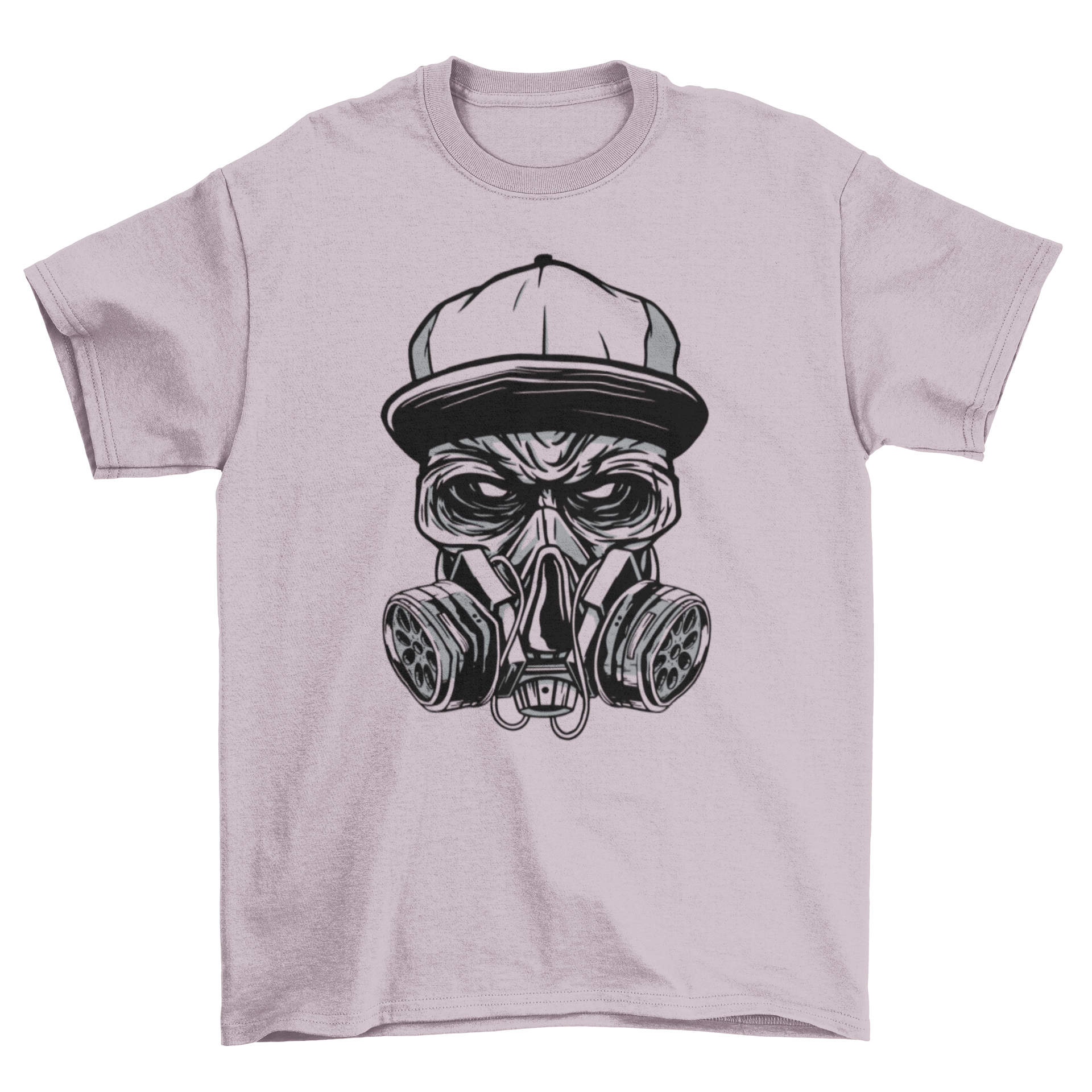 Gas Mask Zombie T-shirt featuring a zombie character with a face mask and cap, designed for unique streetwear style.