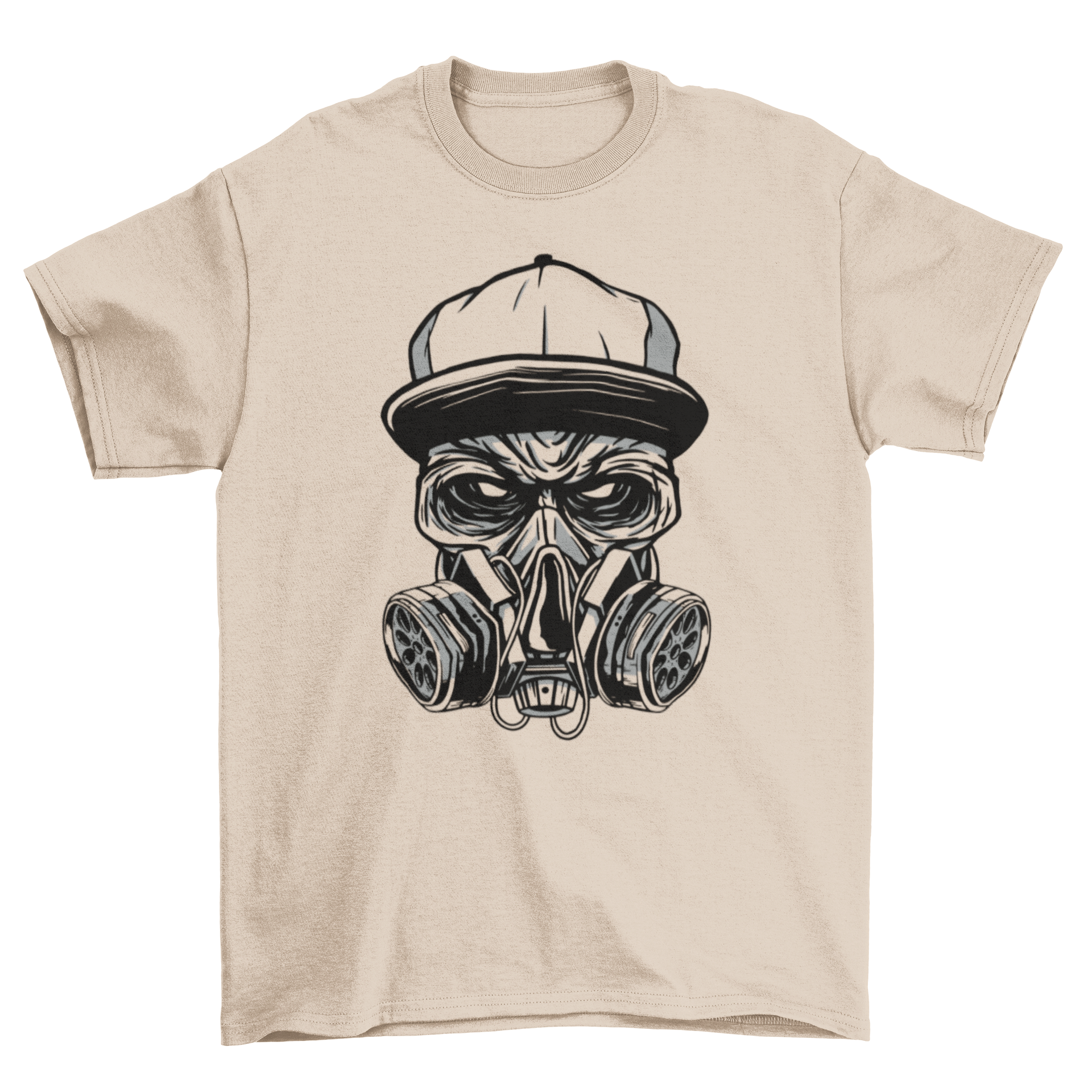 Gas Mask Zombie T-shirt featuring a zombie character with a face mask and cap, designed for unique streetwear style.