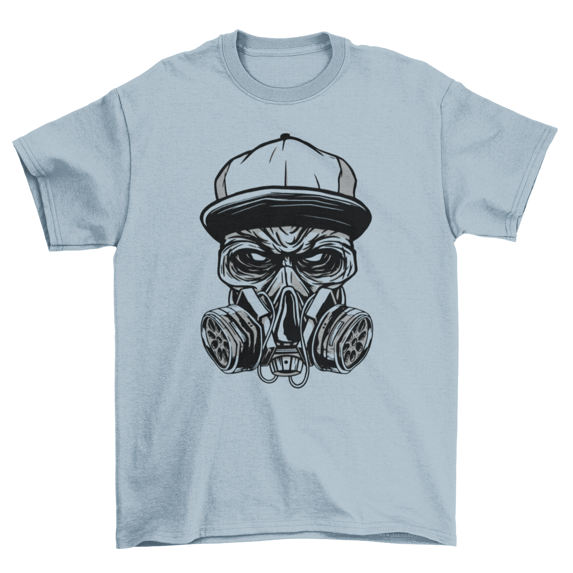 Gas Mask Zombie T-shirt featuring a zombie character with a face mask and cap, designed for unique streetwear style.