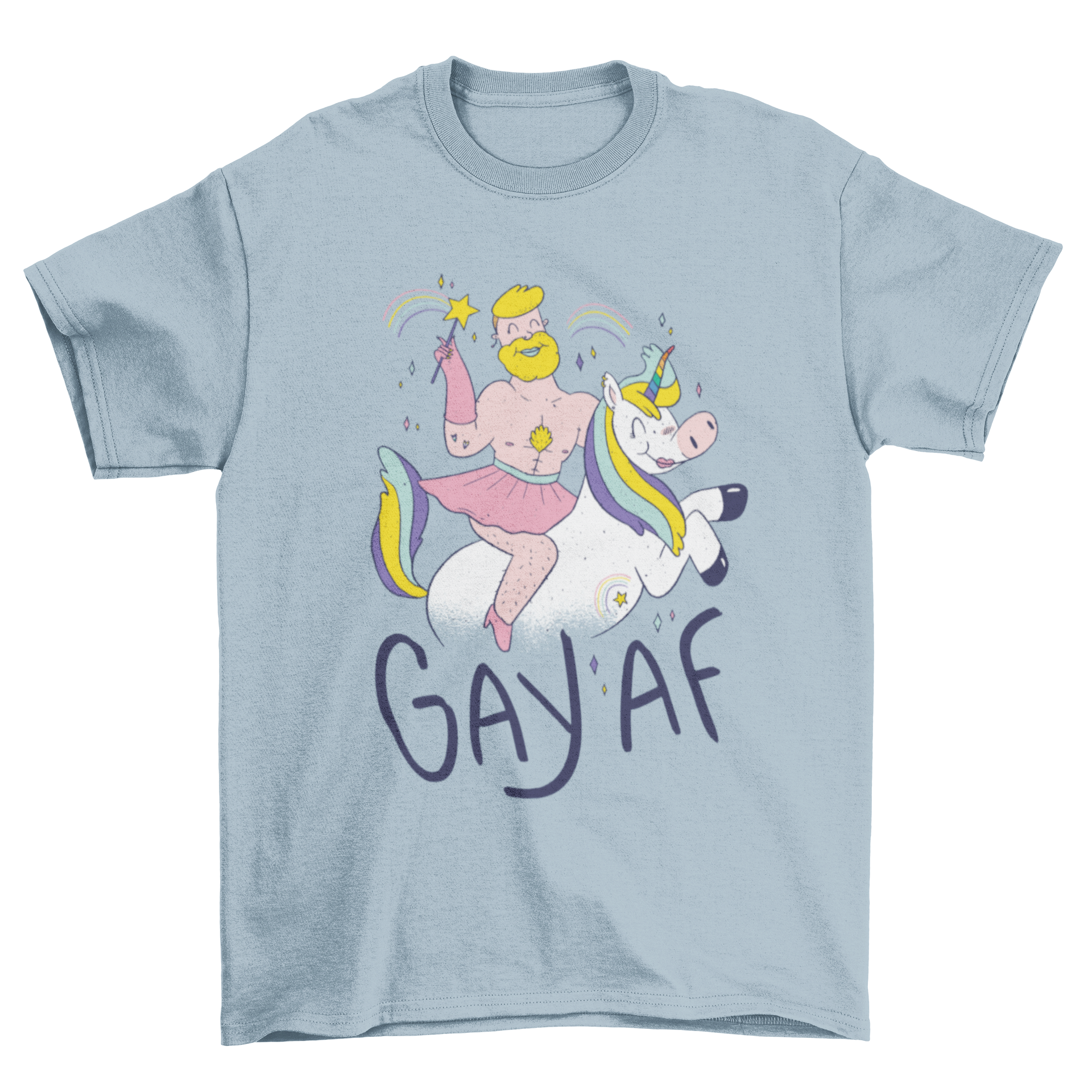 A colorful Gay AF T-shirt featuring a cartoon of a gay man riding a unicorn with bold text.