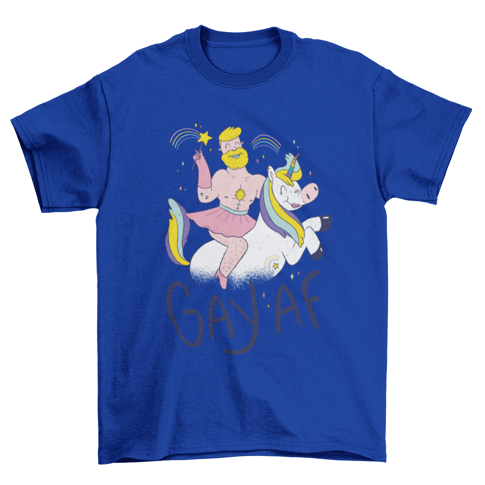 A colorful Gay AF T-shirt featuring a cartoon of a gay man riding a unicorn with bold text.